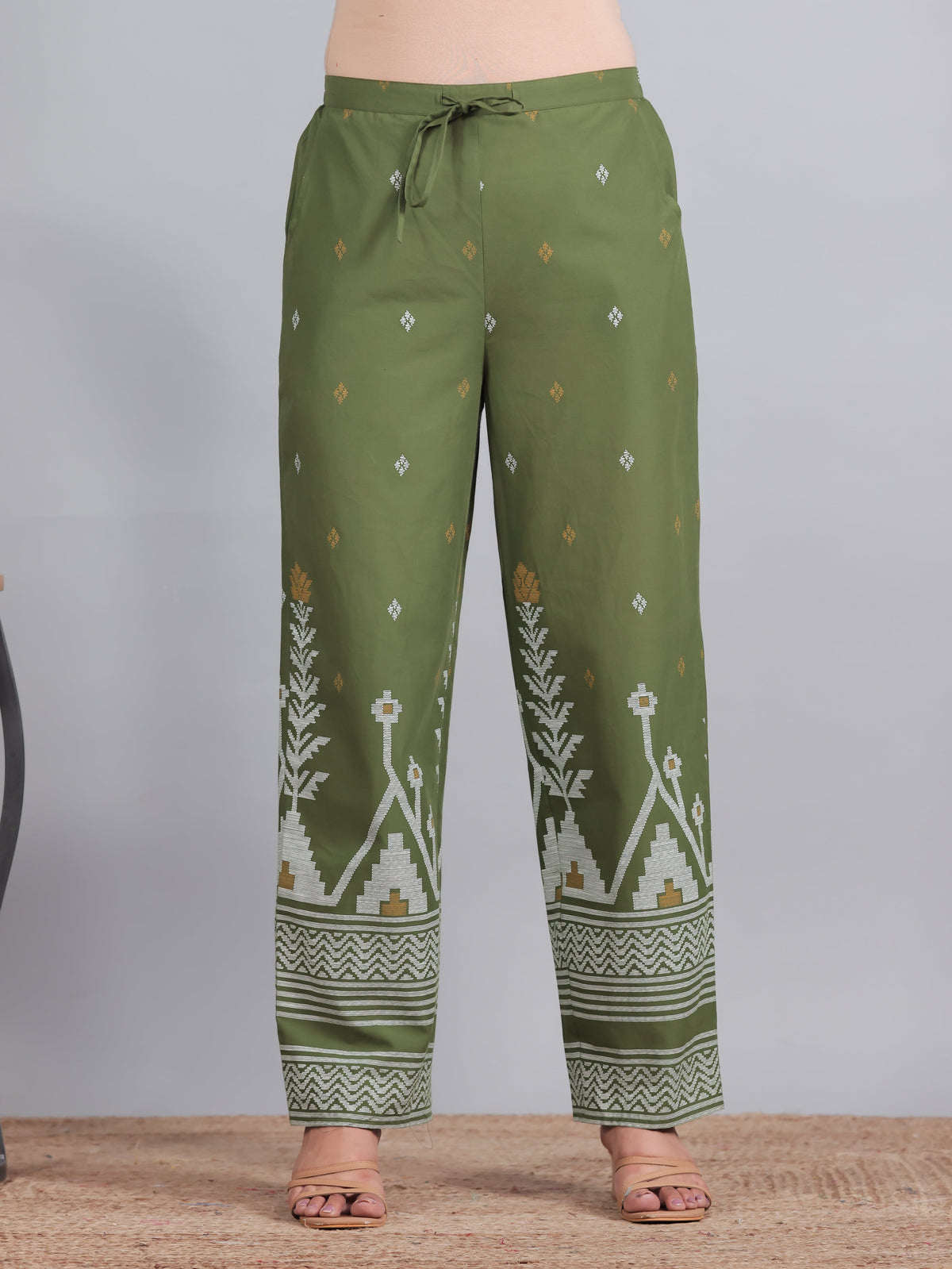 Soft Cotton Geometric Green Straight Trousers