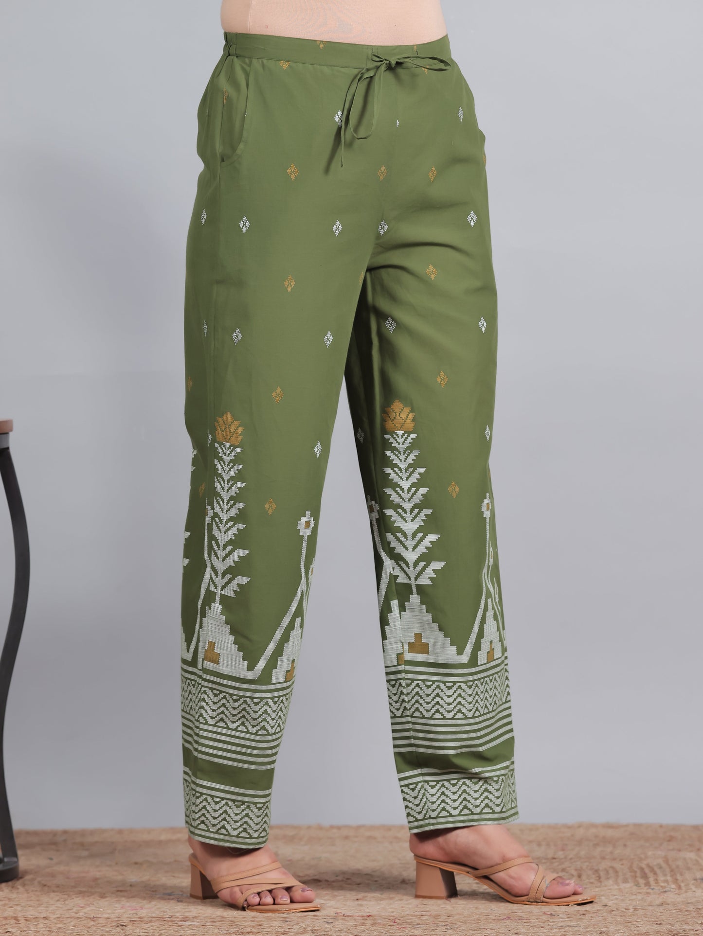 Soft Cotton Geometric Green Straight Trousers
