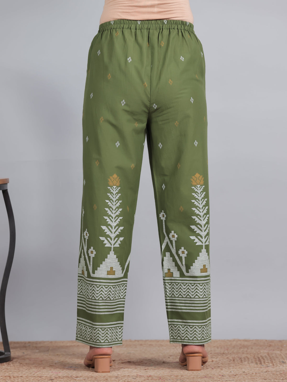 Soft Cotton Geometric Green Straight Trousers
