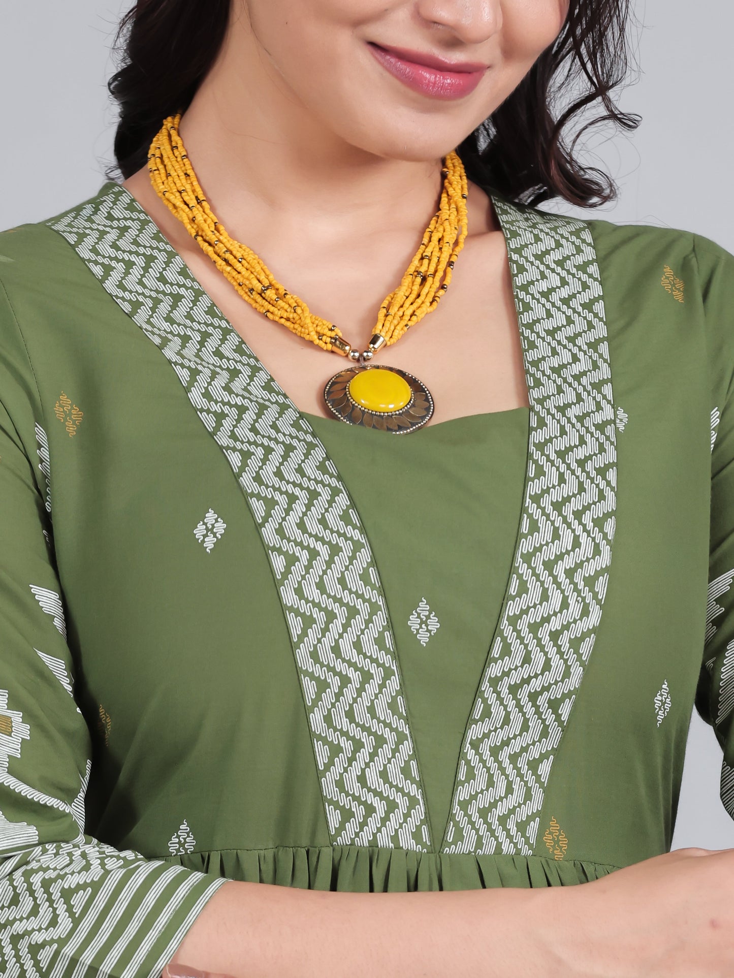 Soft Cotton Geometric Anarkali Green Kurta