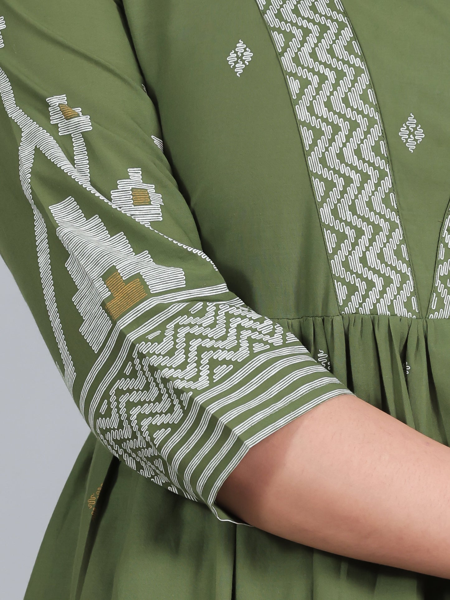 Soft Cotton Geometric Anarkali Green Kurta