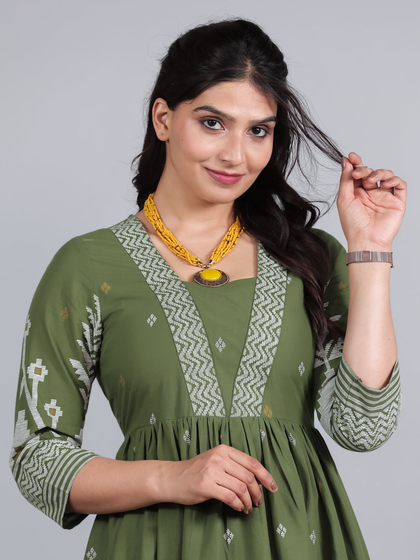 Soft Cotton Geometric Anarkali Green Kurta