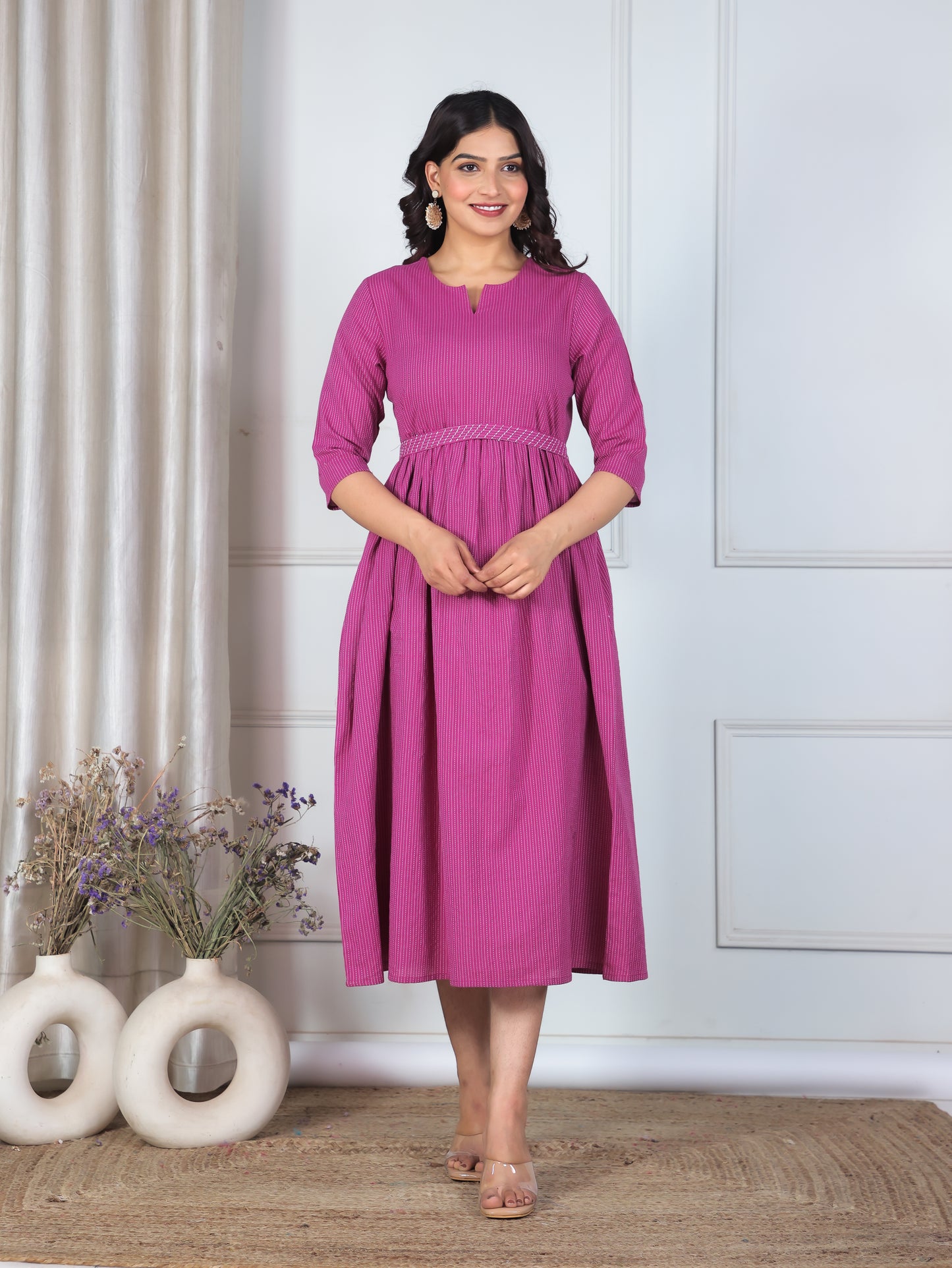 Embroidered Kantha Cotton Solid Gathered Purple Dress
