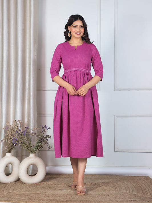 Embroidered Kantha Cotton Solid Gathered Purple Dress