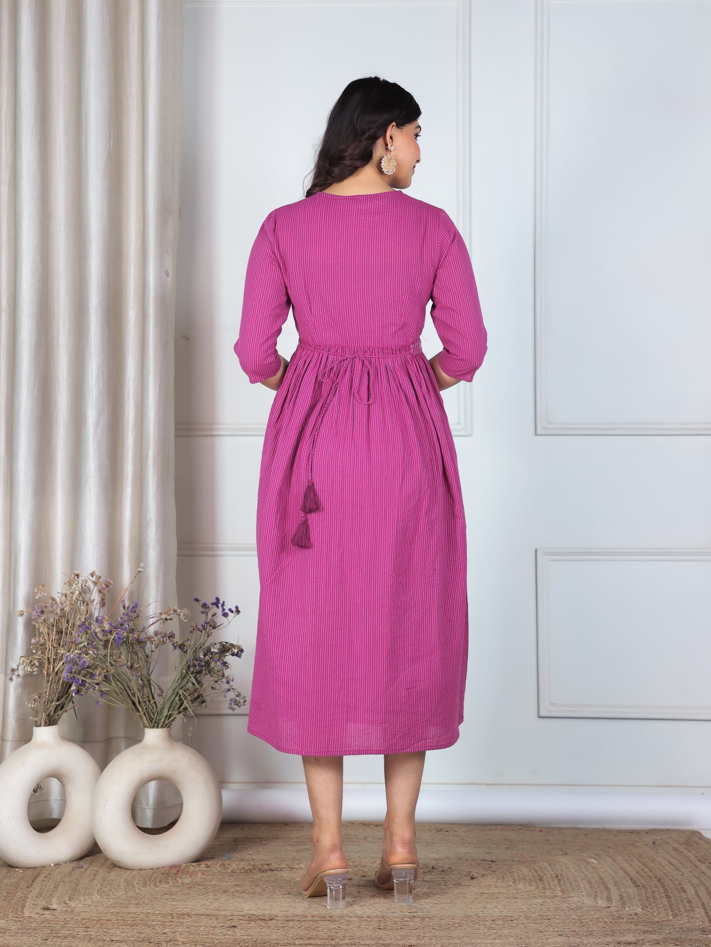 Embroidered Kantha Cotton Solid Gathered Purple Dress