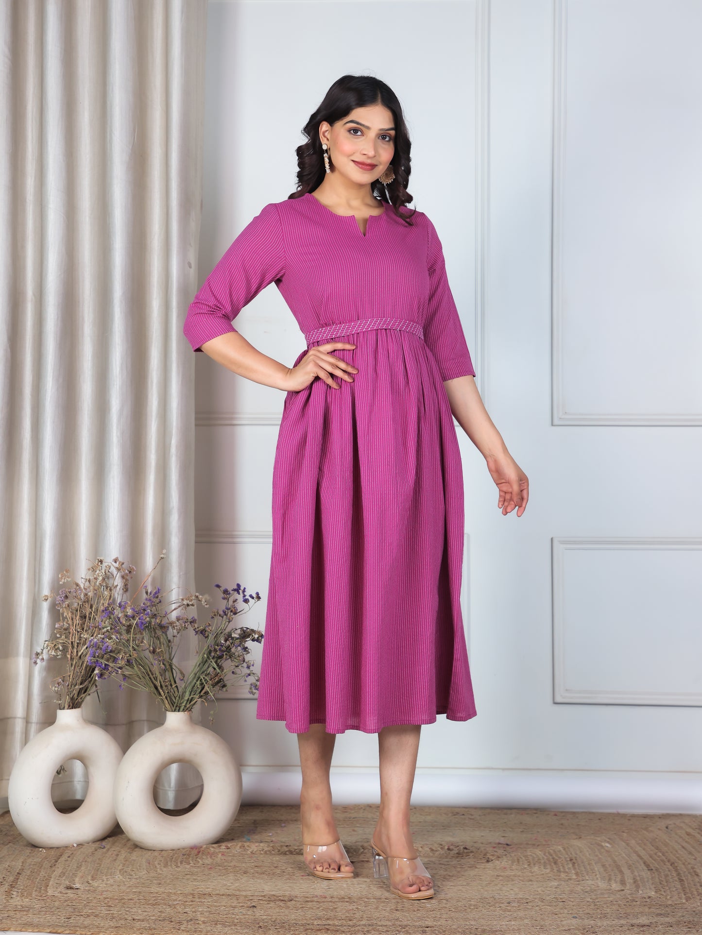 Embroidered Kantha Cotton Solid Gathered Purple Dress