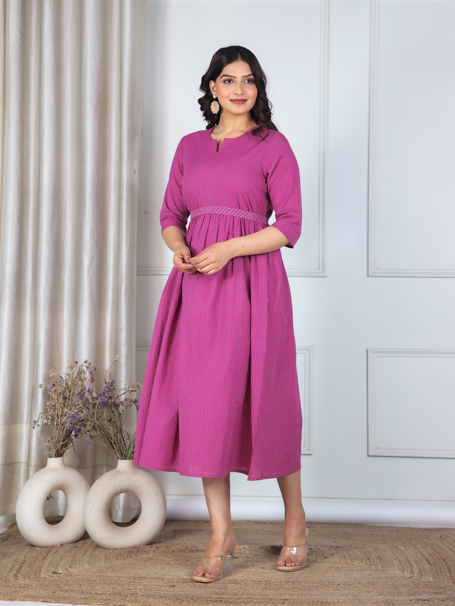Embroidered Kantha Cotton Solid Gathered Purple Dress