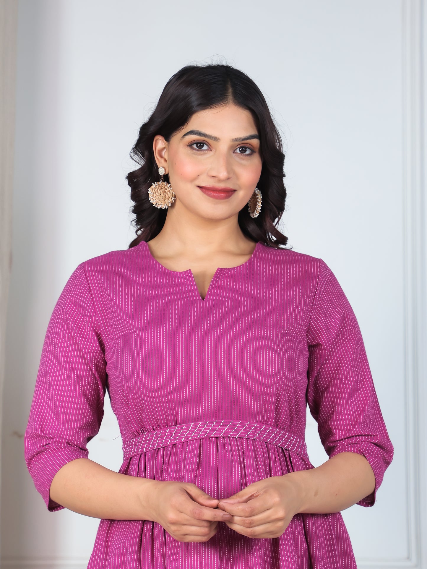 Embroidered Kantha Cotton Solid Gathered Purple Dress