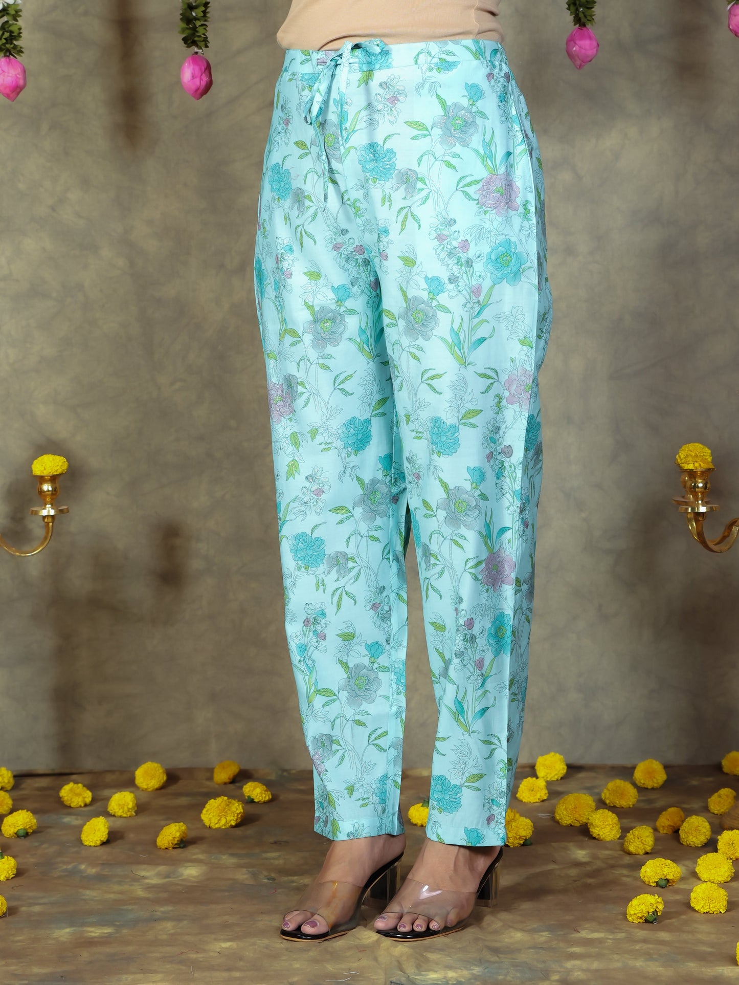 Chanderi Floral Turquoise Tapered Trousers