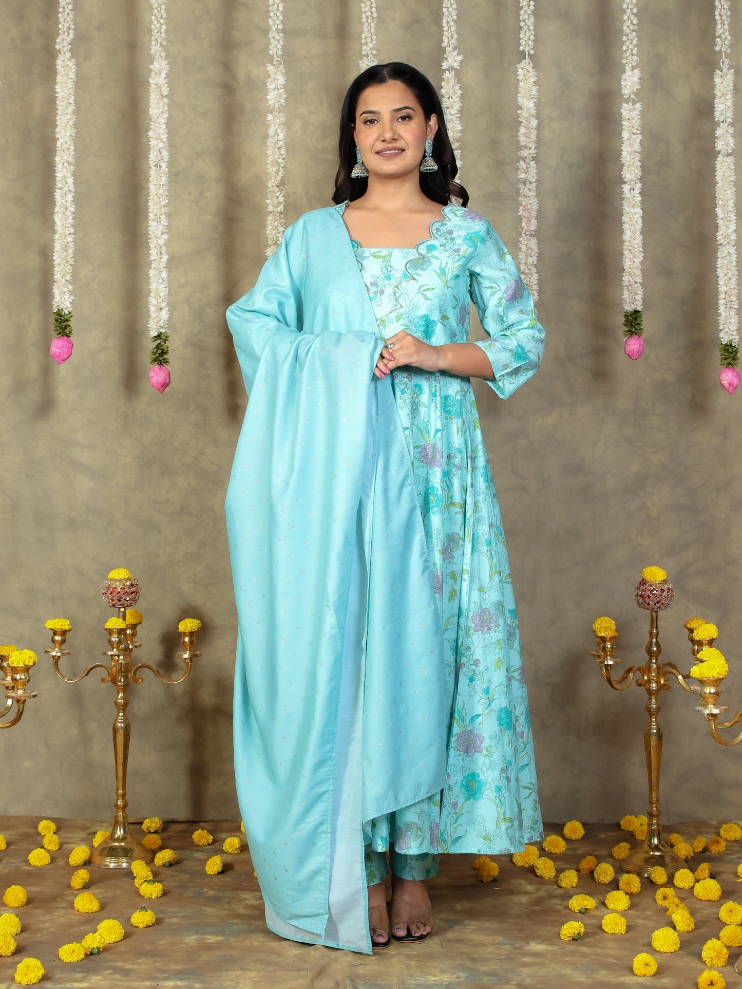 Muslin Floral Turquoise Dupatta