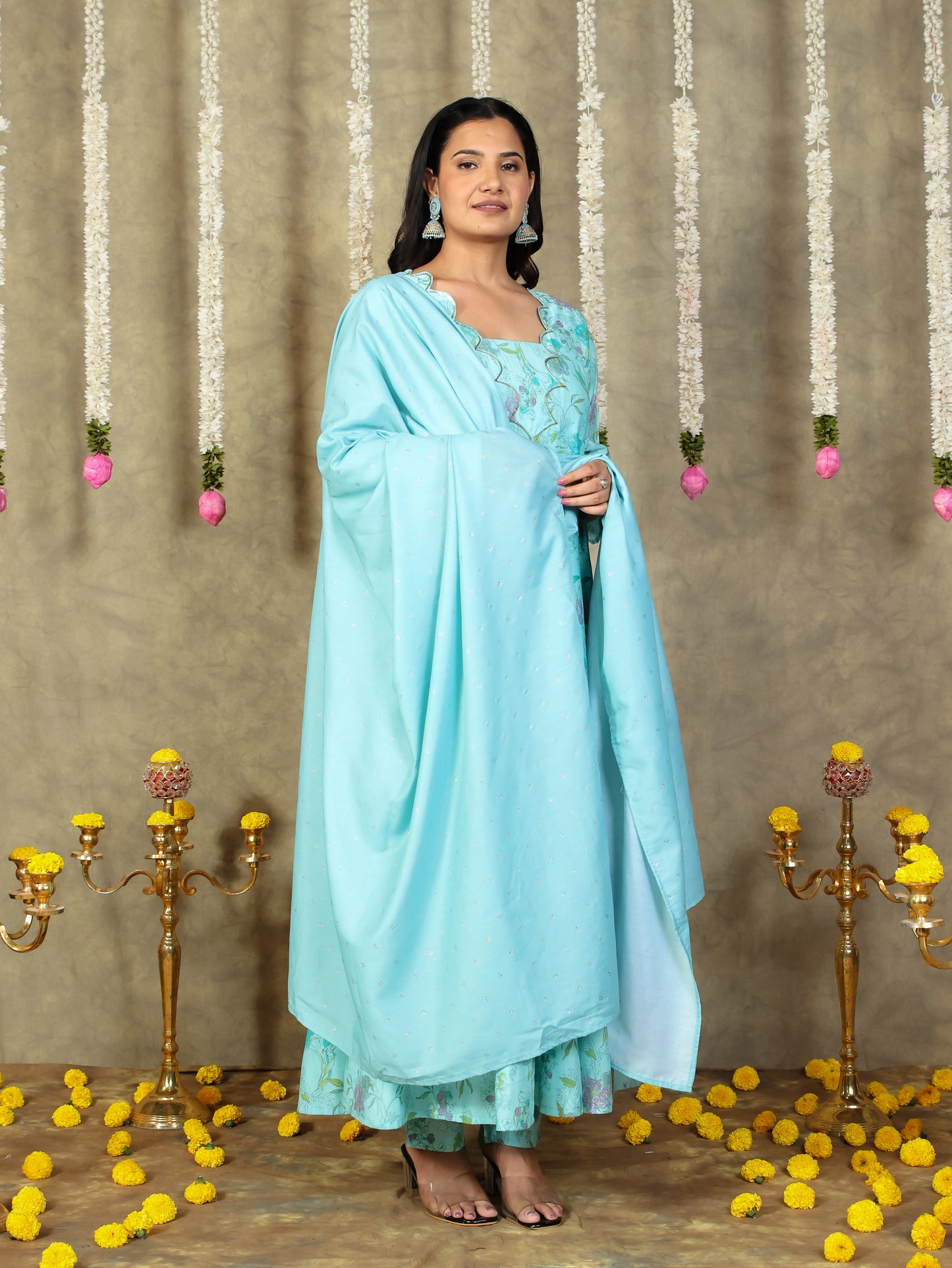 Chanderi Floral Flared Turquoise Kurta