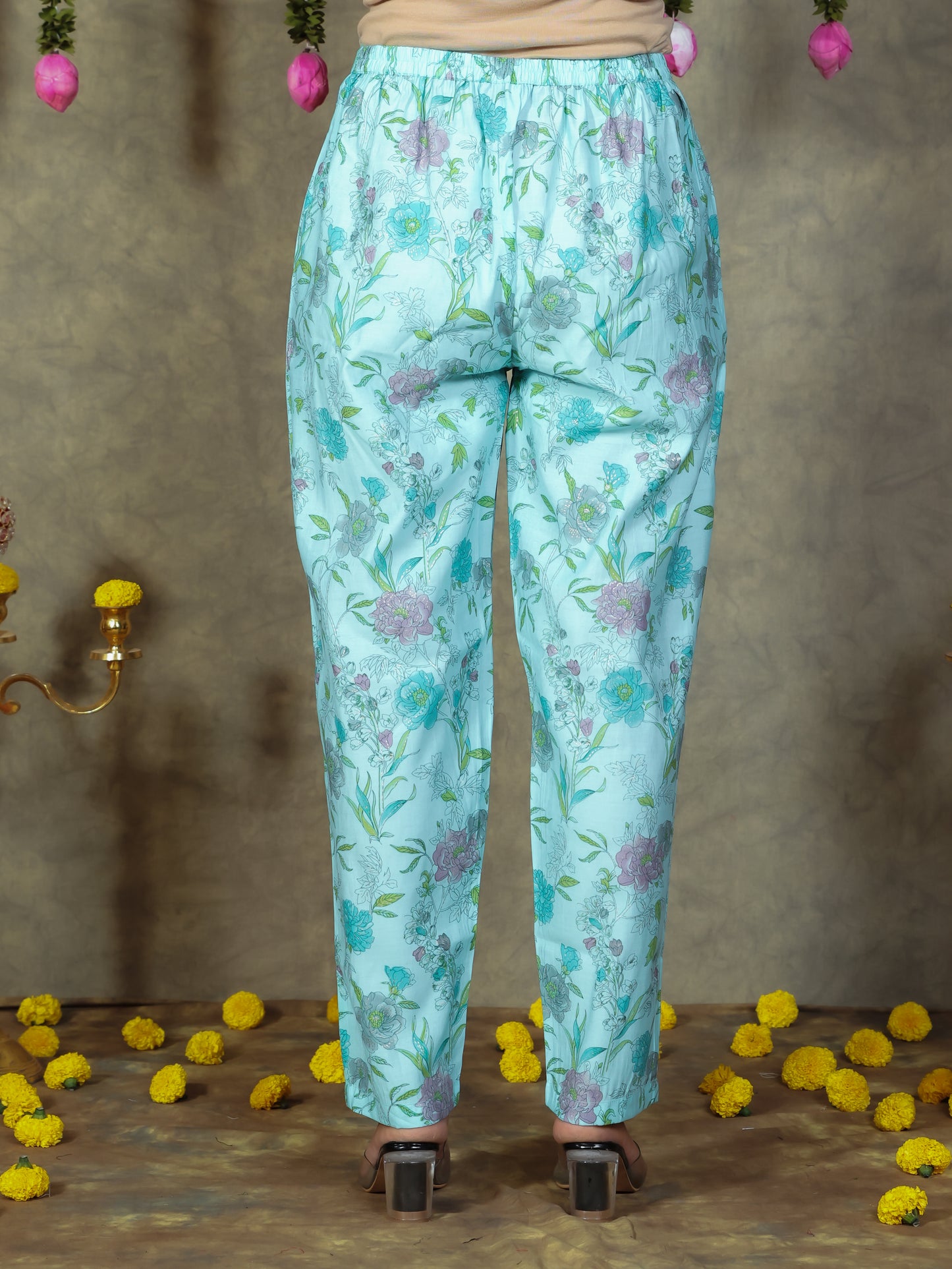 Chanderi Floral Flared Turquoise Kurta
