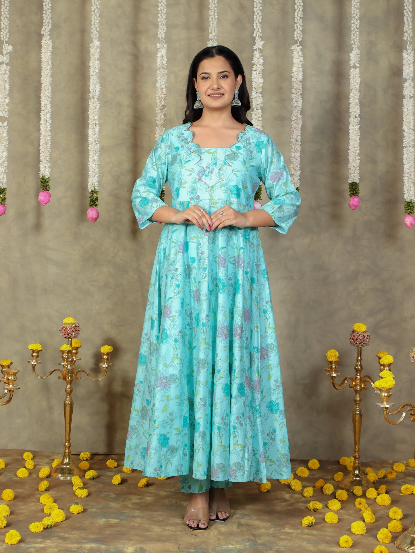 Chanderi Floral Flared Turquoise Kurta