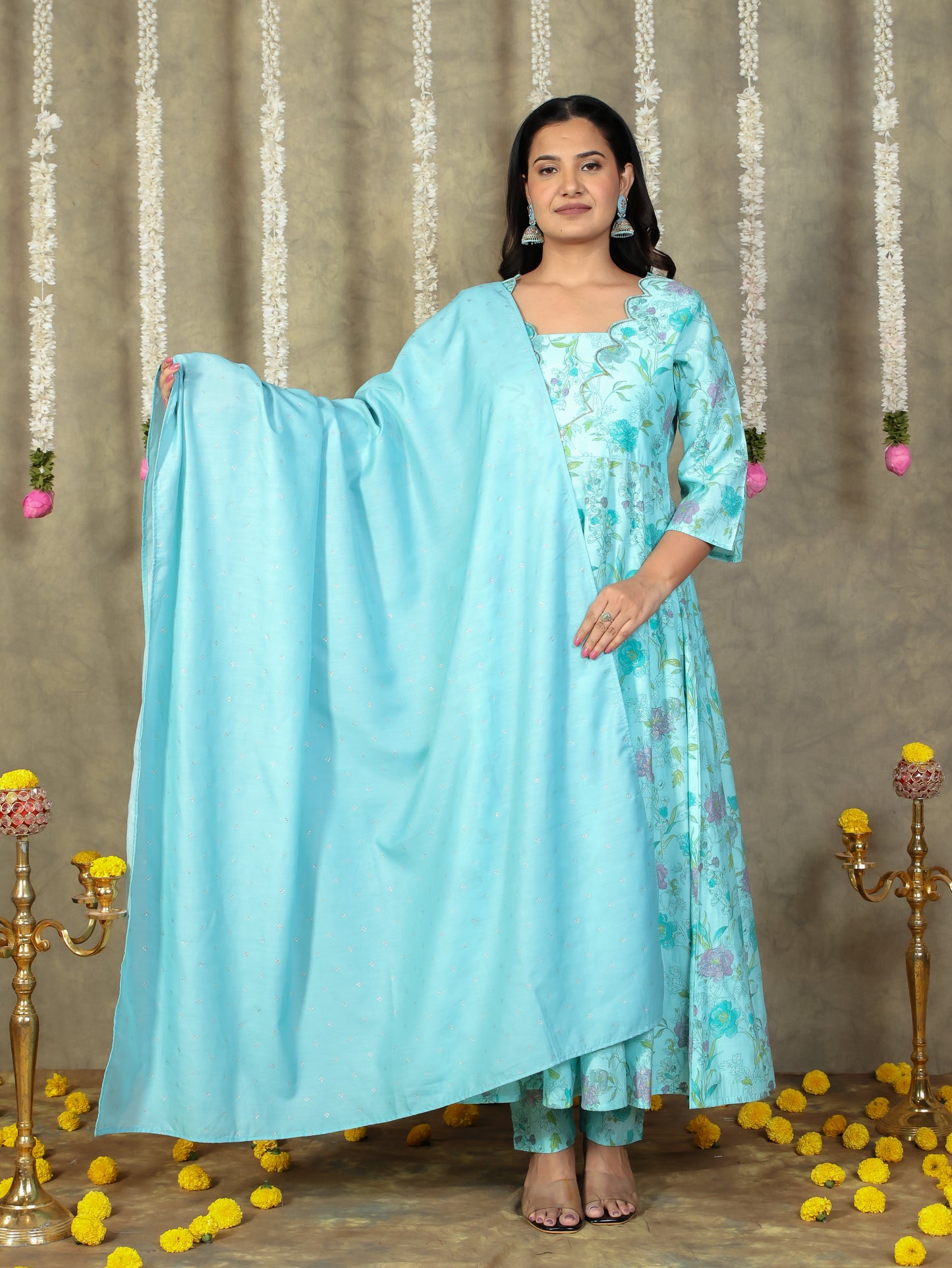 Chanderi Floral Flared Turquoise Kurta