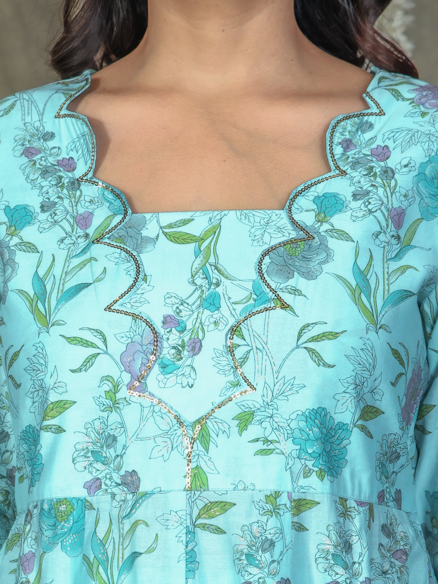 Chanderi Floral Flared Turquoise Kurta