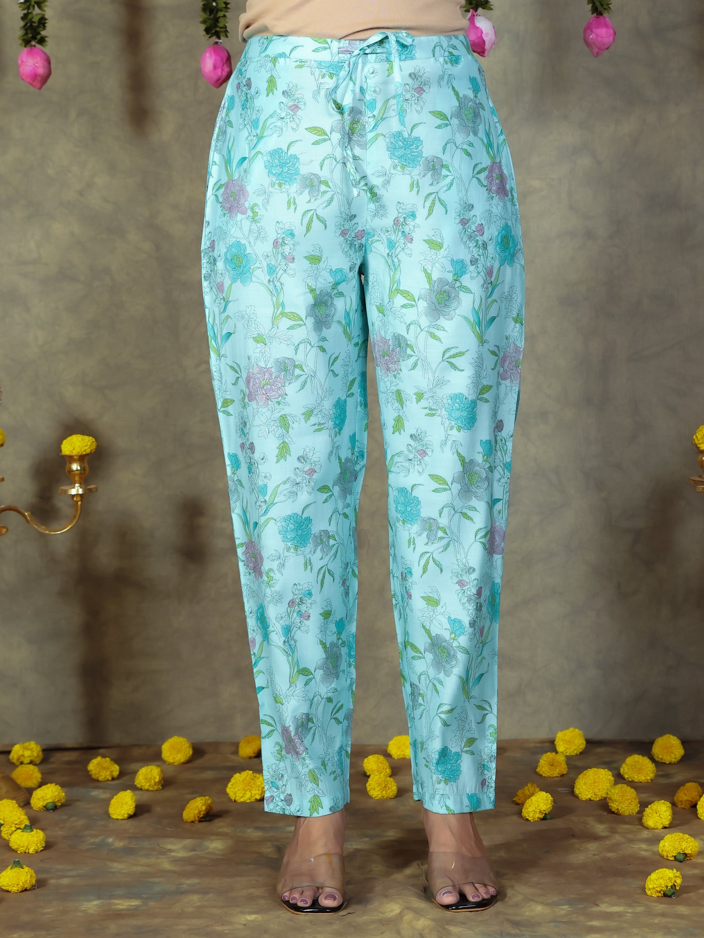 Chanderi Floral Flared Turquoise Kurta