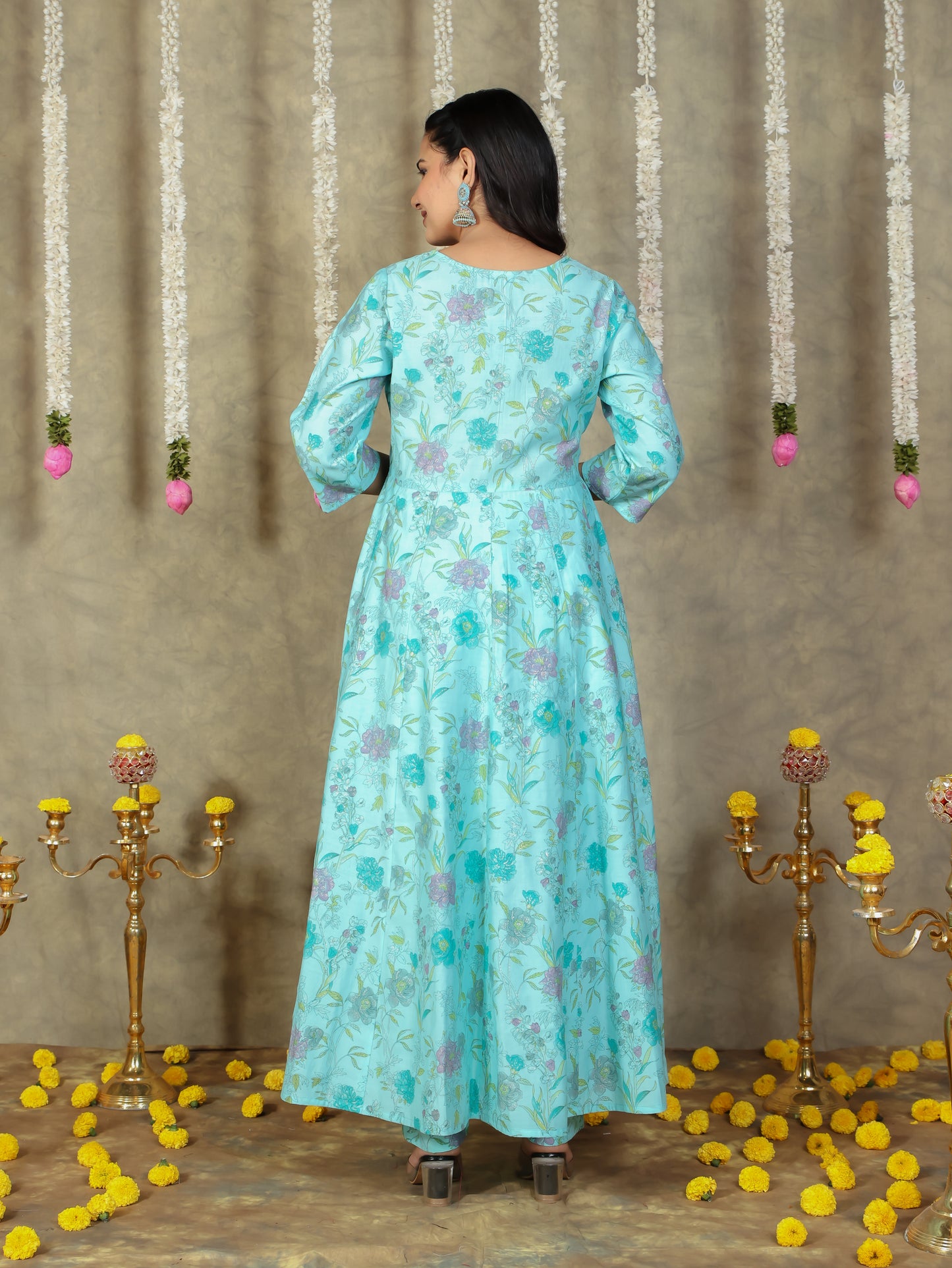 Chanderi Floral Flared Turquoise Kurta