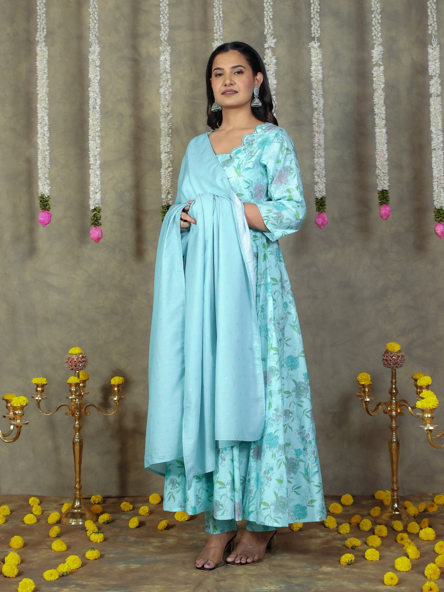 Chanderi Floral Flared Turquoise Kurta