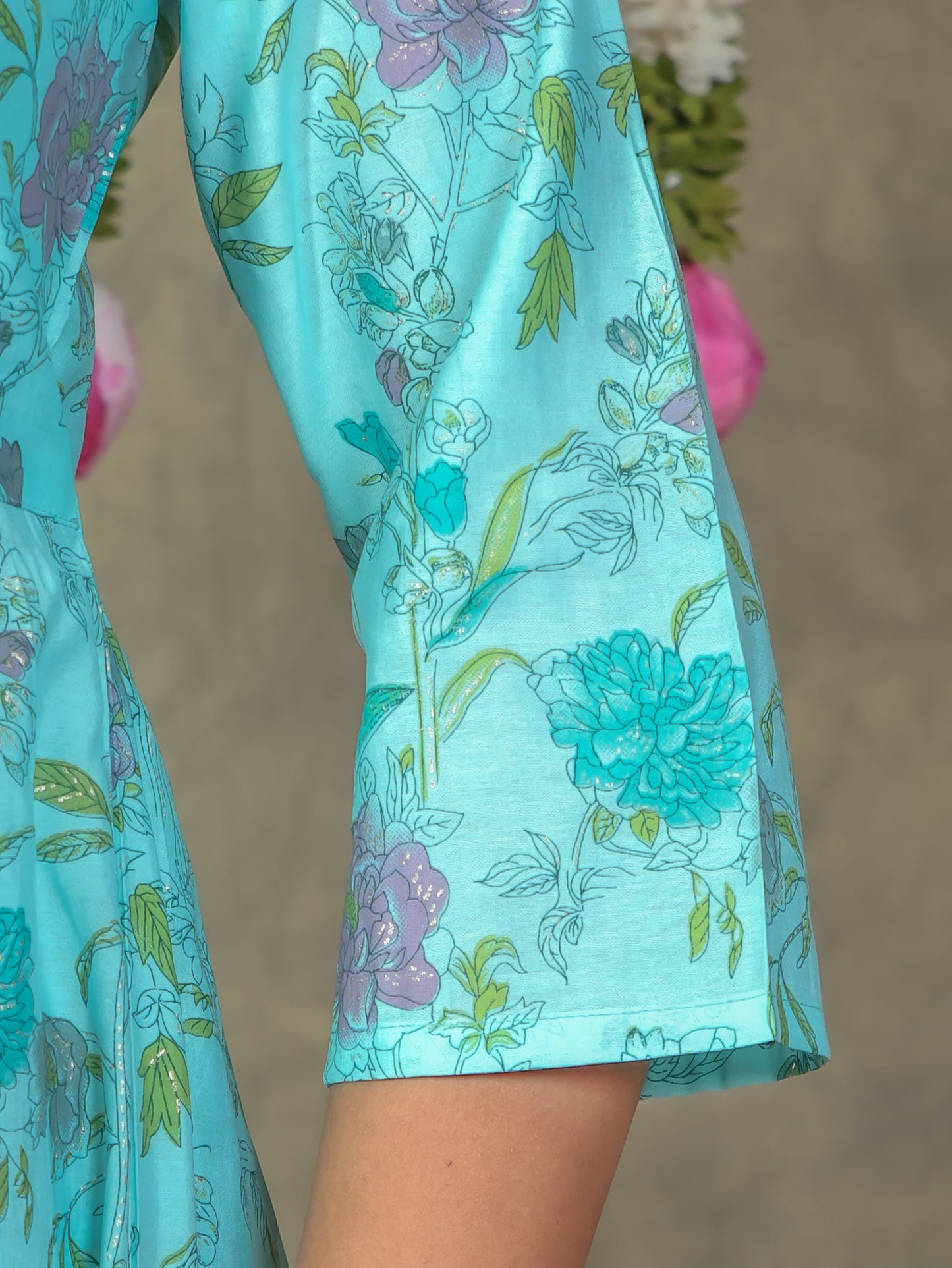Chanderi Floral Flared Turquoise Kurta