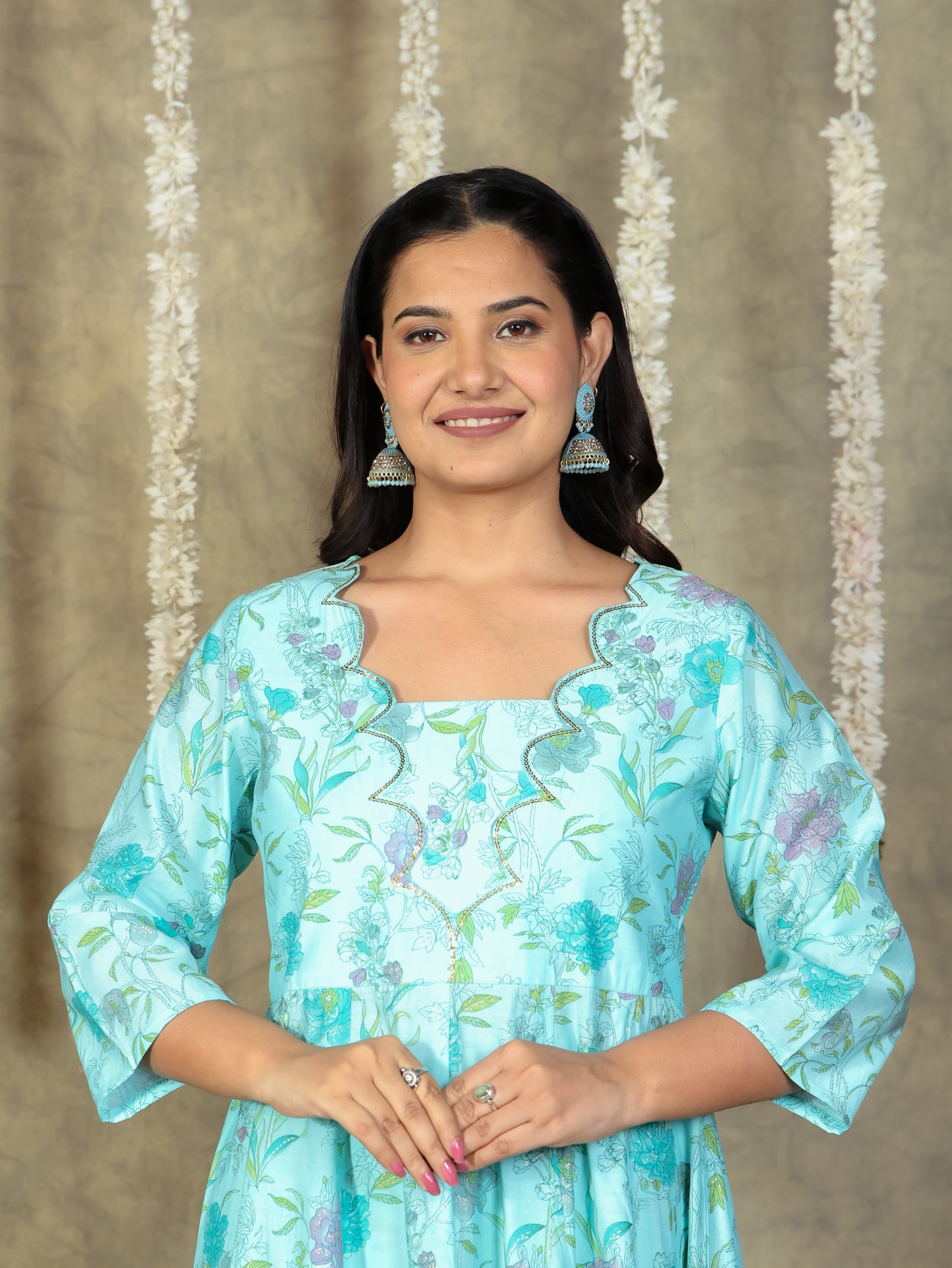 Chanderi Floral Flared Turquoise Kurta