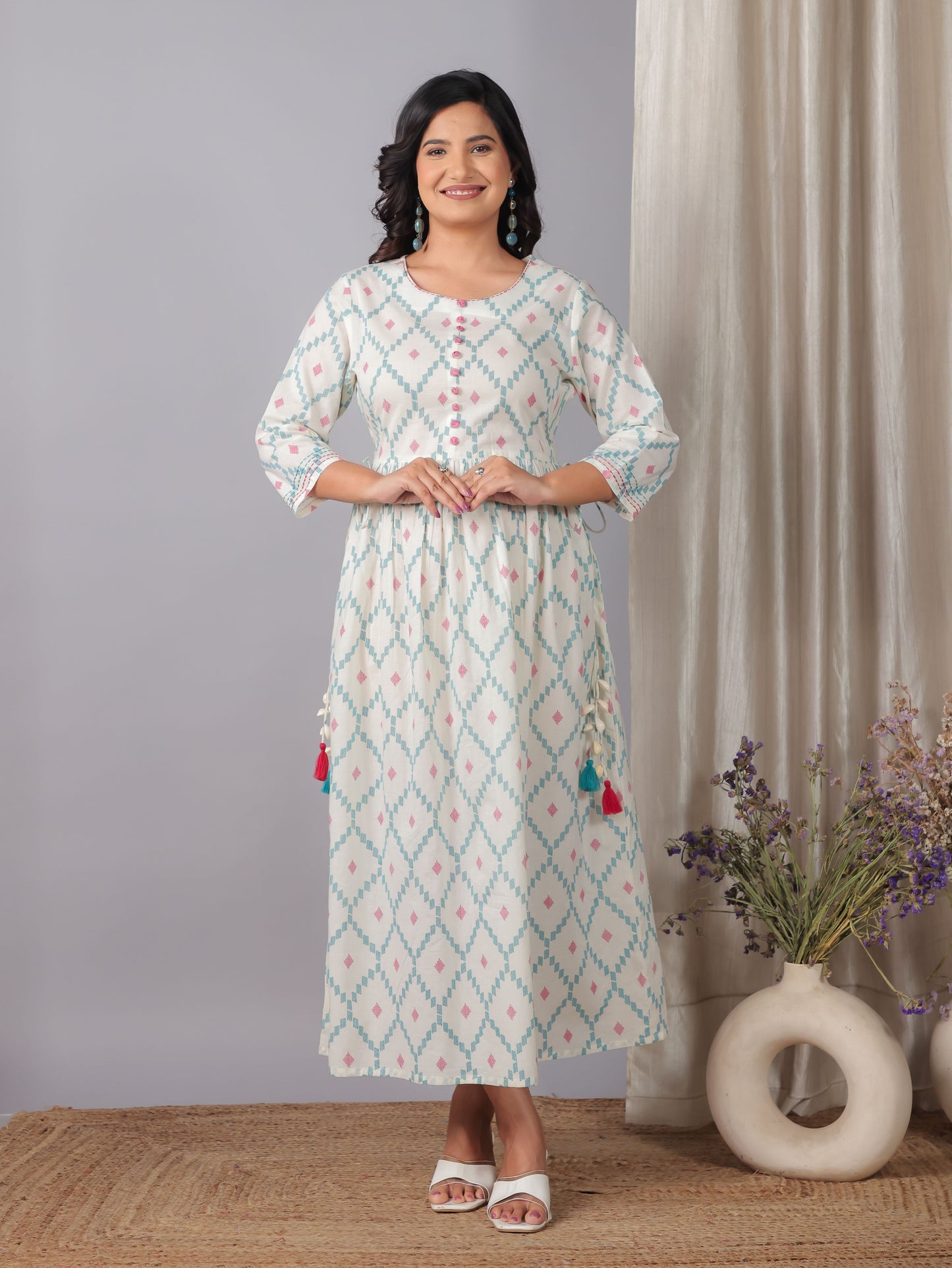Embroidered Soft Cotton Geometric A-line Off White Dress