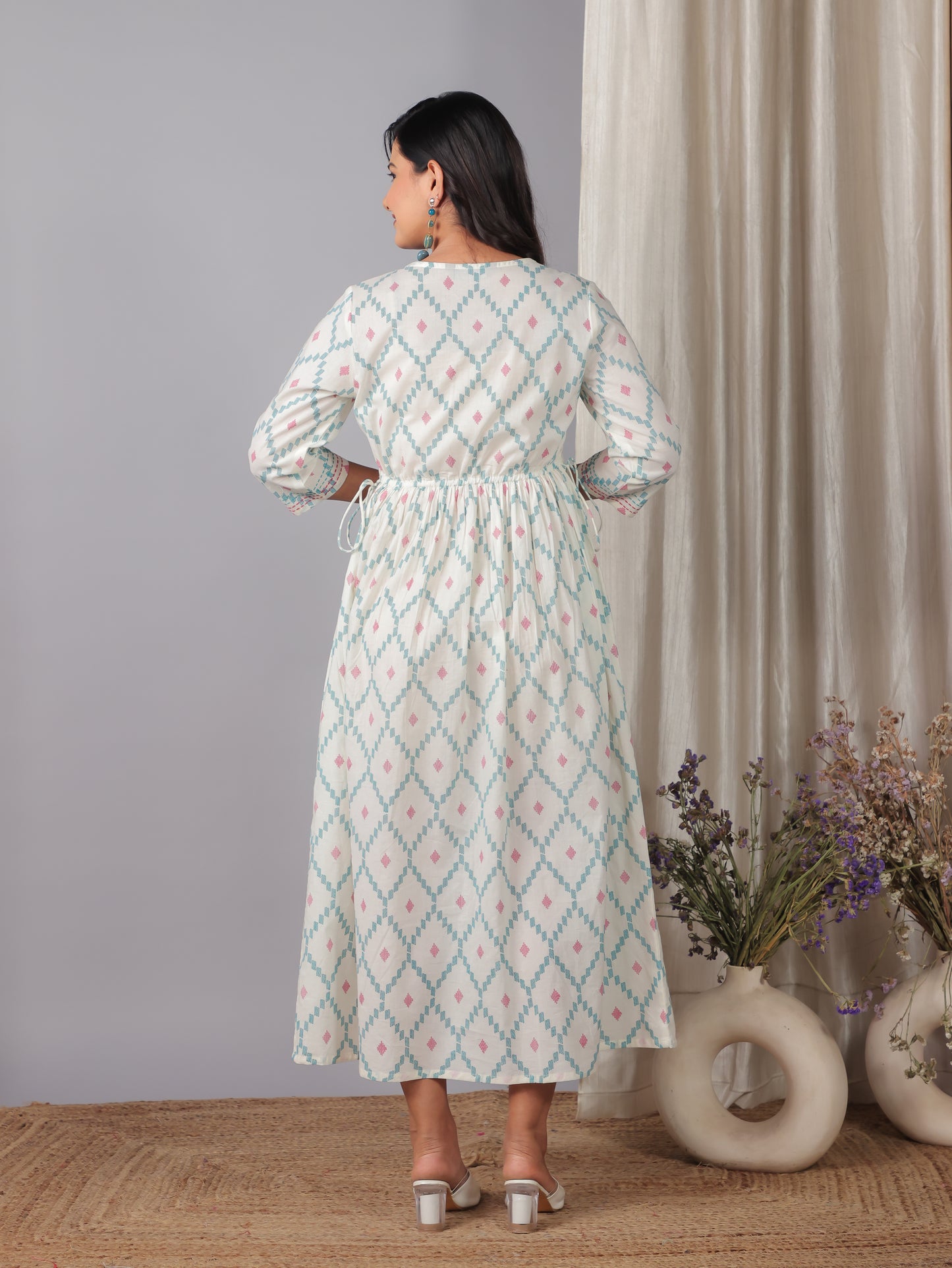 Embroidered Soft Cotton Geometric A-line Off White Dress