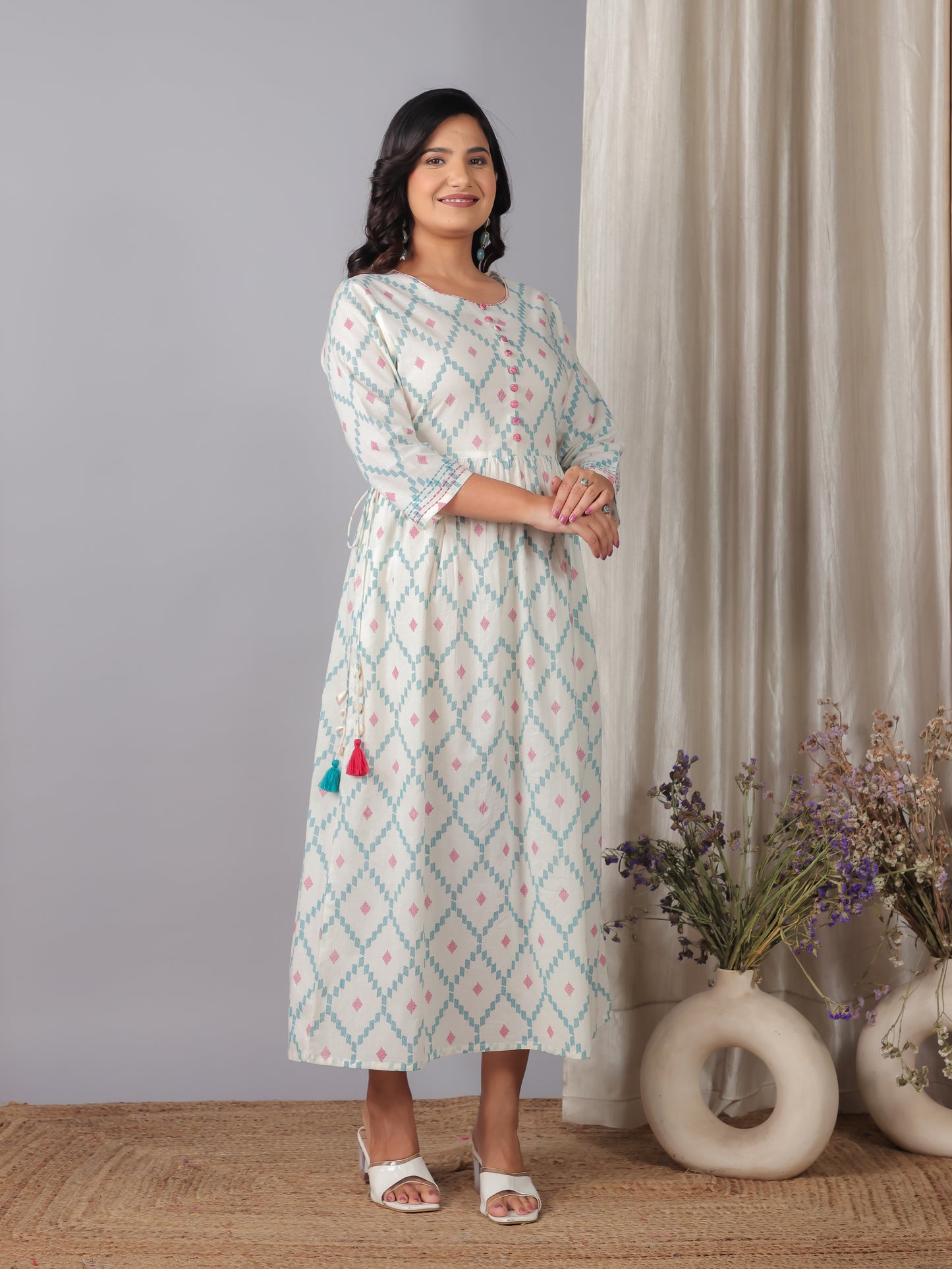 Embroidered Soft Cotton Geometric A-line Off White Dress