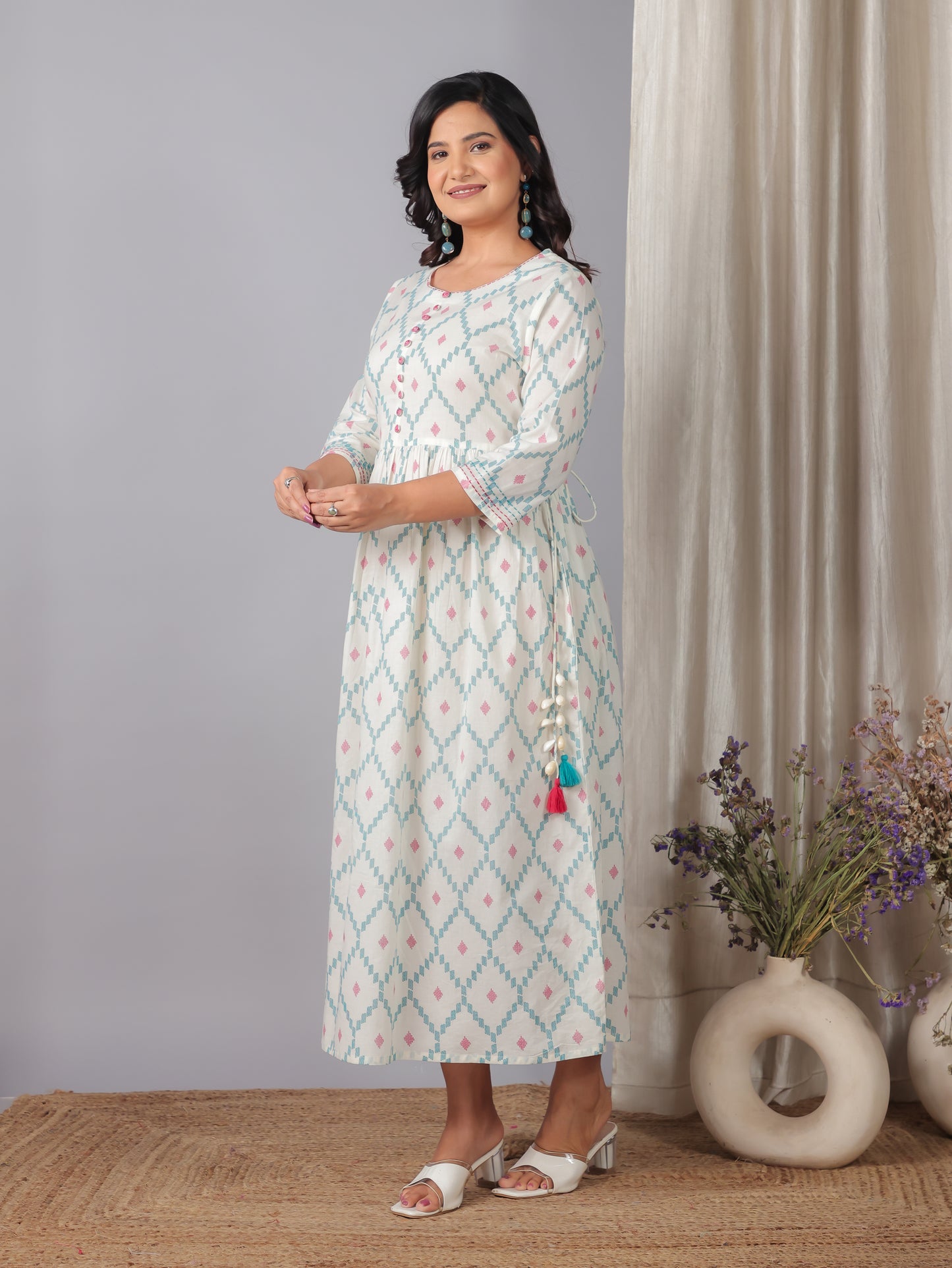 Embroidered Soft Cotton Geometric A-line Off White Dress