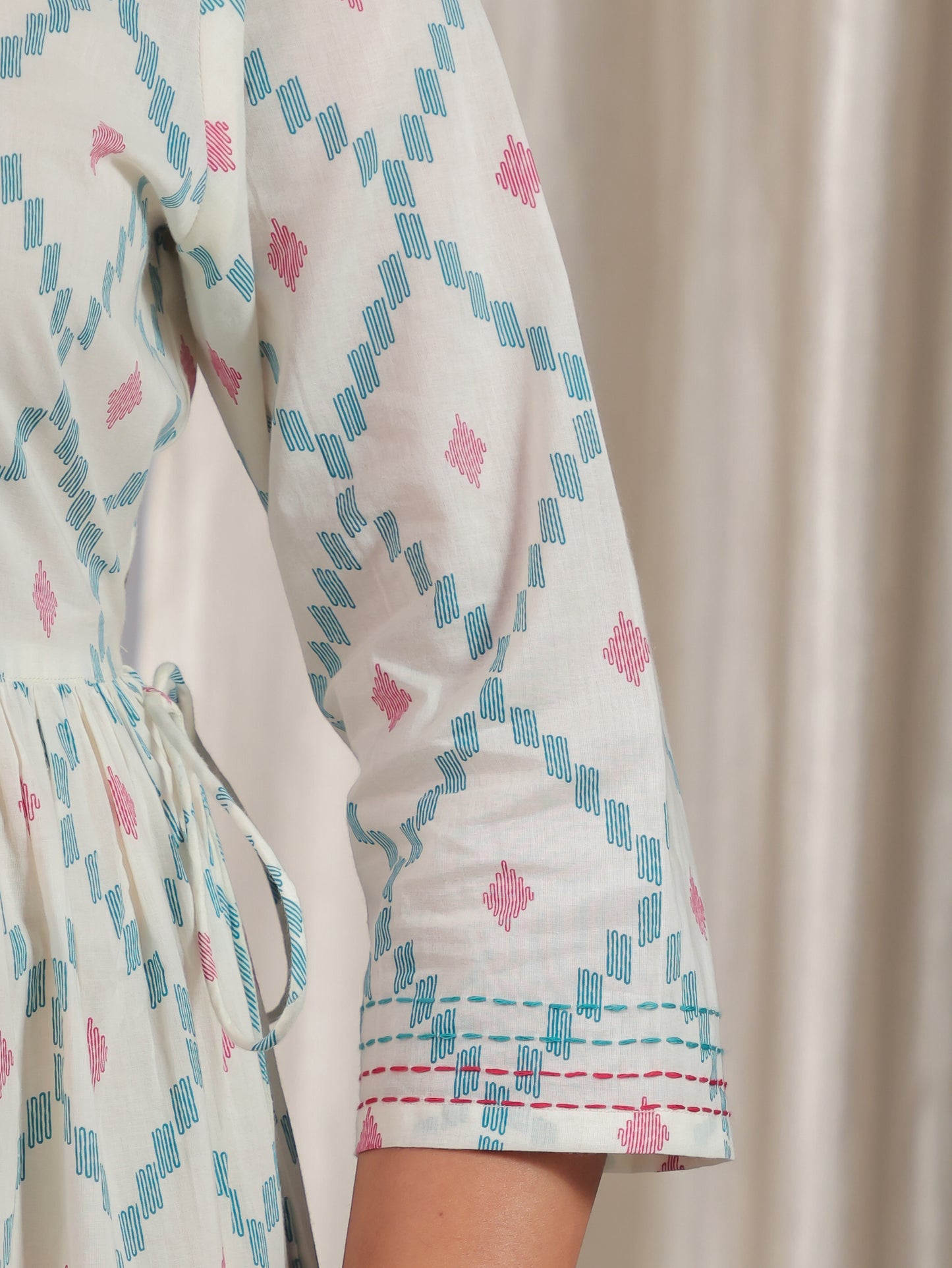 Embroidered Soft Cotton Geometric A-line Off White Dress