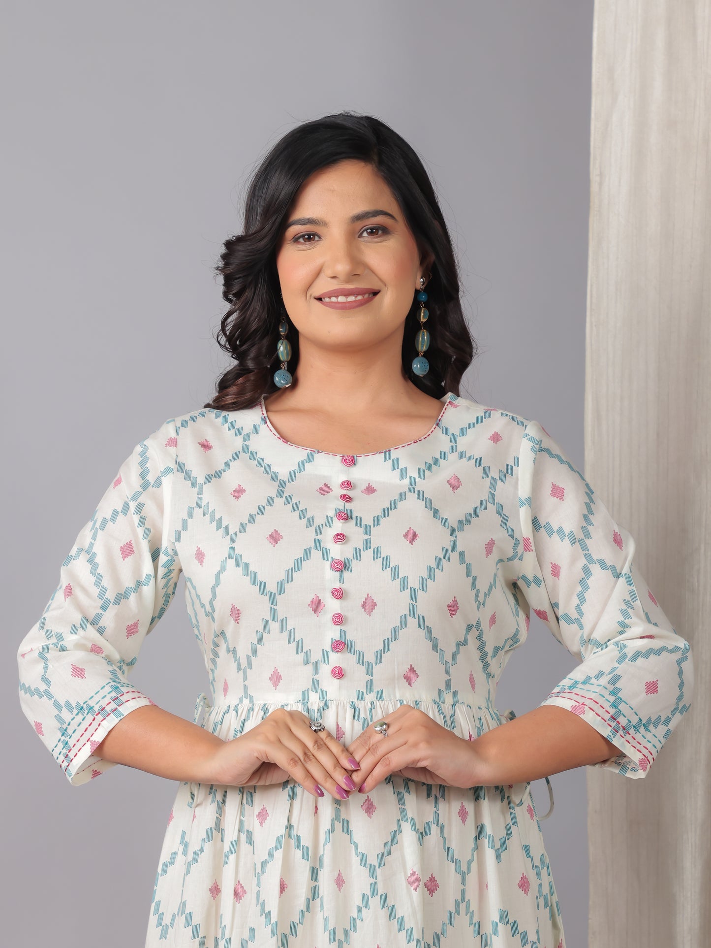 Embroidered Soft Cotton Geometric A-line Off White Dress