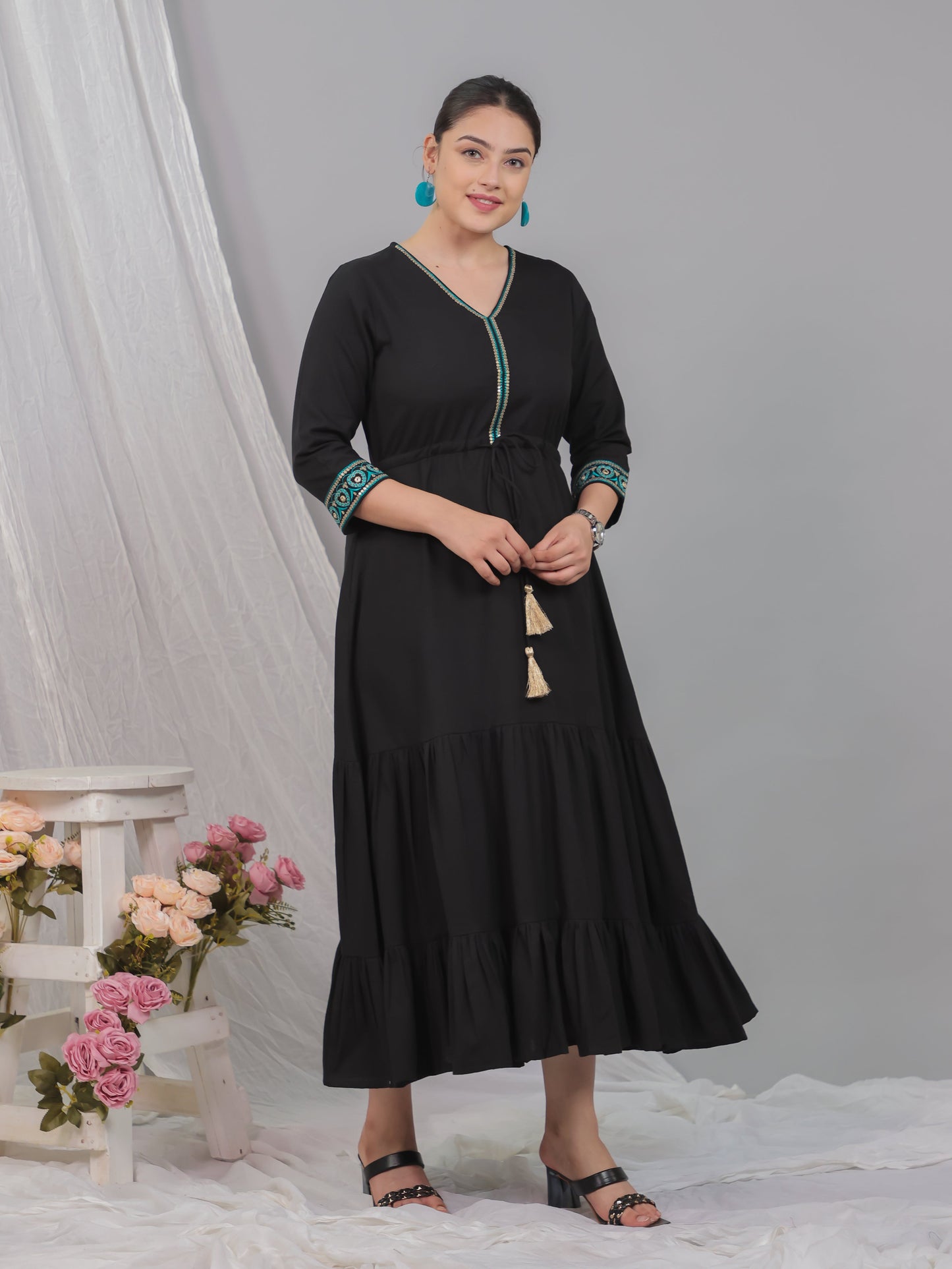 Embroidered Linen Cotton Solid Anarkali Black Dress