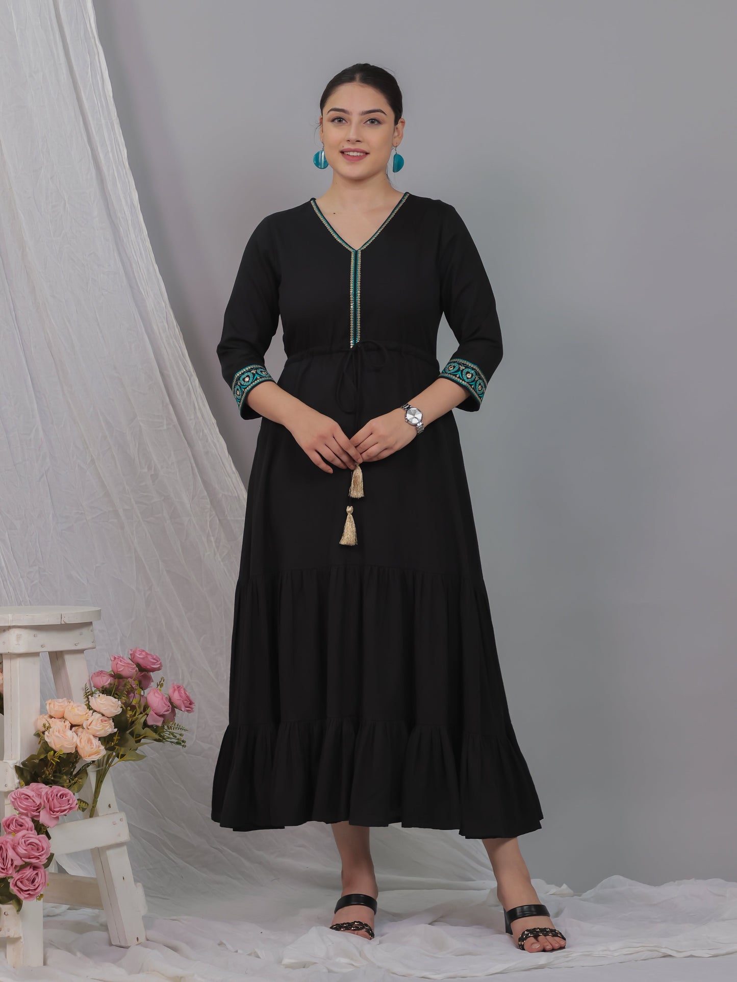 Embroidered Linen Cotton Solid Anarkali Black Dress