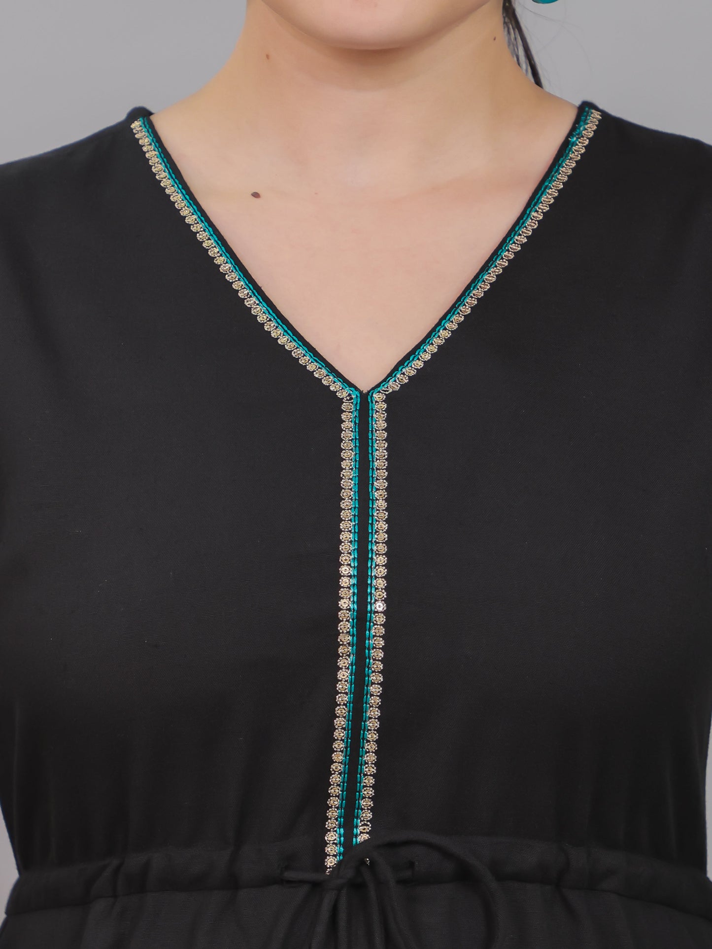 Embroidered Linen Cotton Solid Anarkali Black Dress