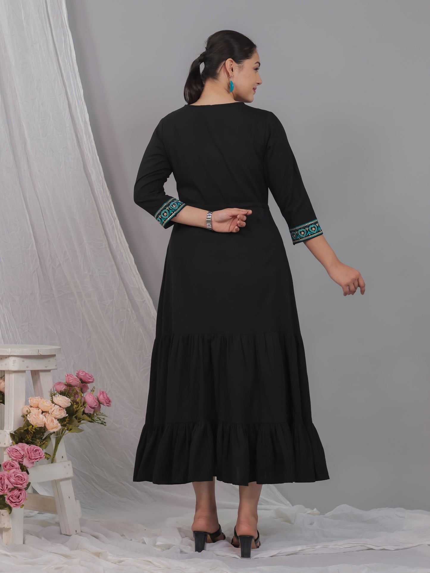 Embroidered Linen Cotton Solid Anarkali Black Dress
