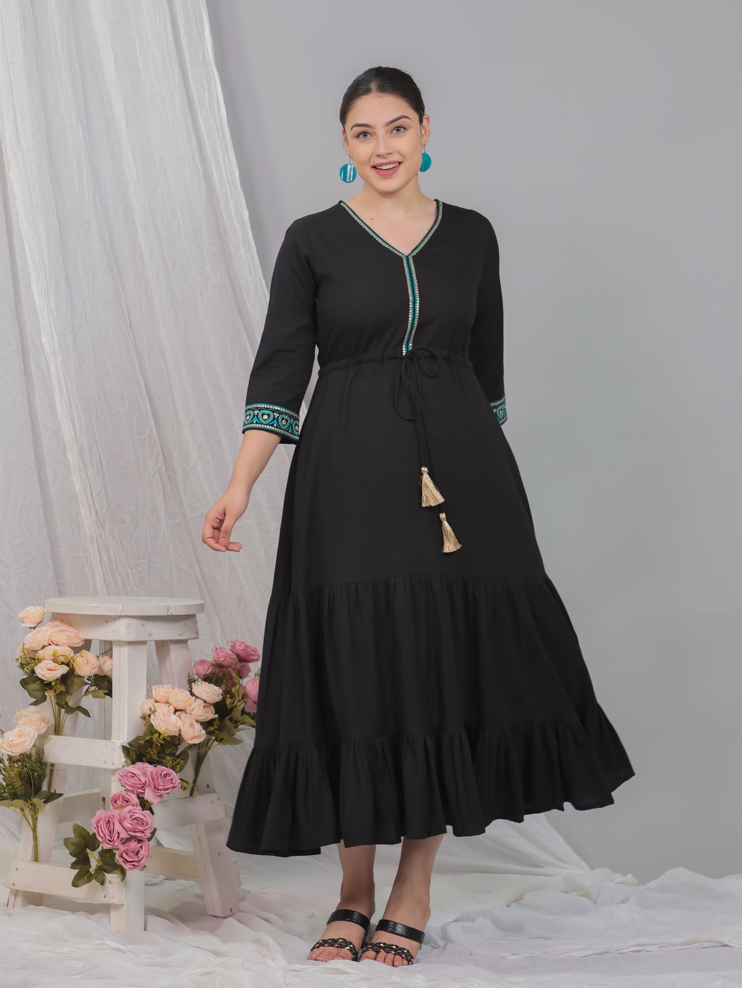 Embroidered Linen Cotton Solid Anarkali Black Dress