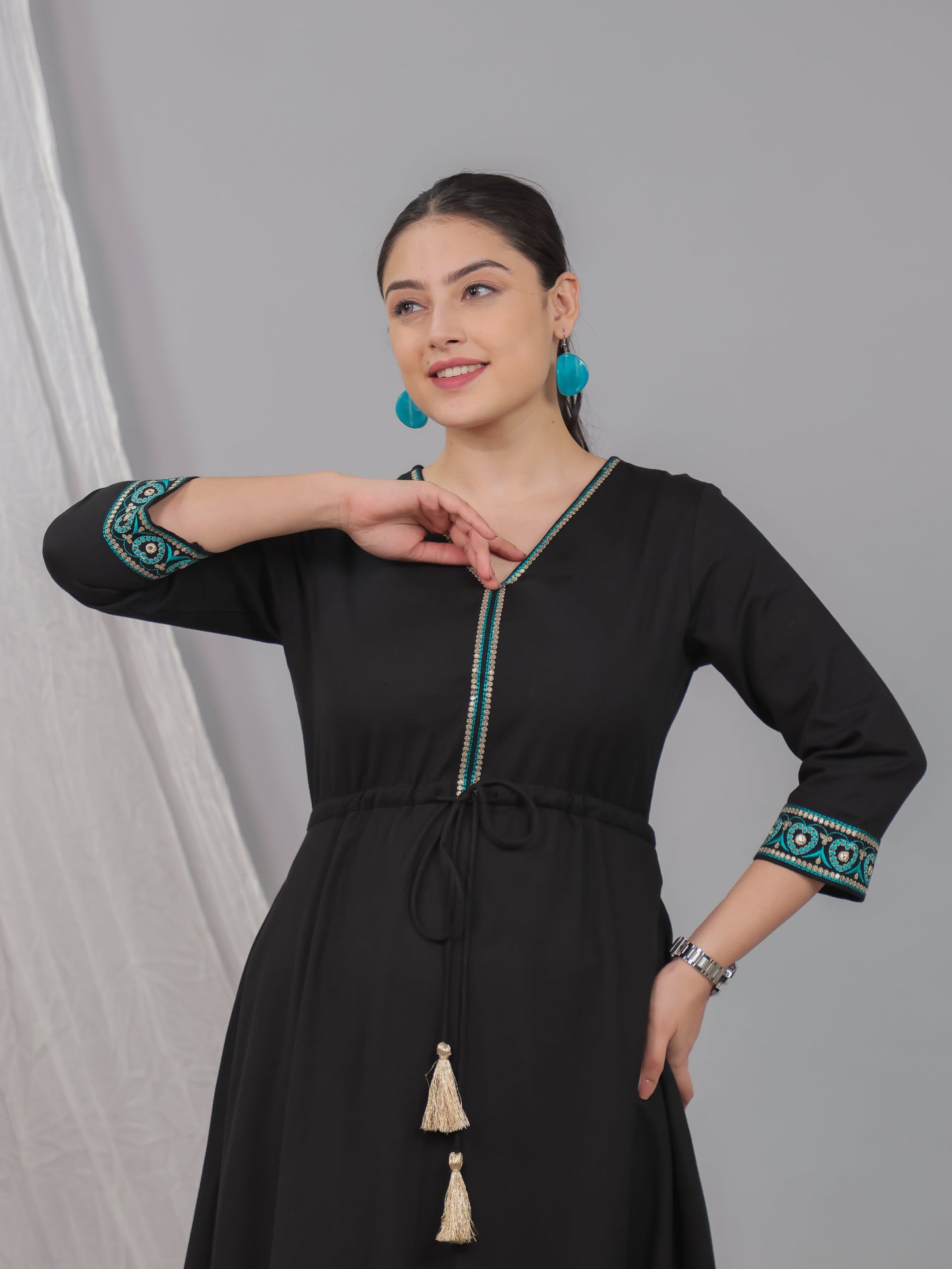 Embroidered Linen Cotton Solid Anarkali Black Dress