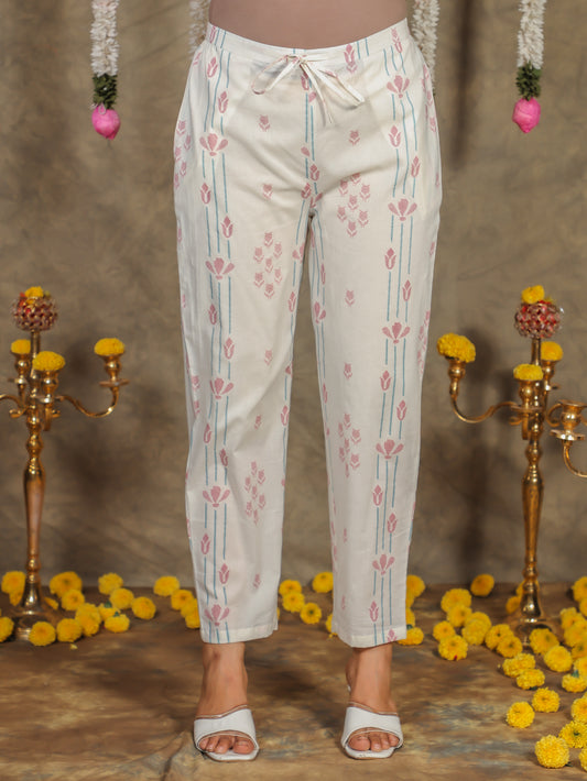Soft Cotton Geometric Off White Tapered Trousers