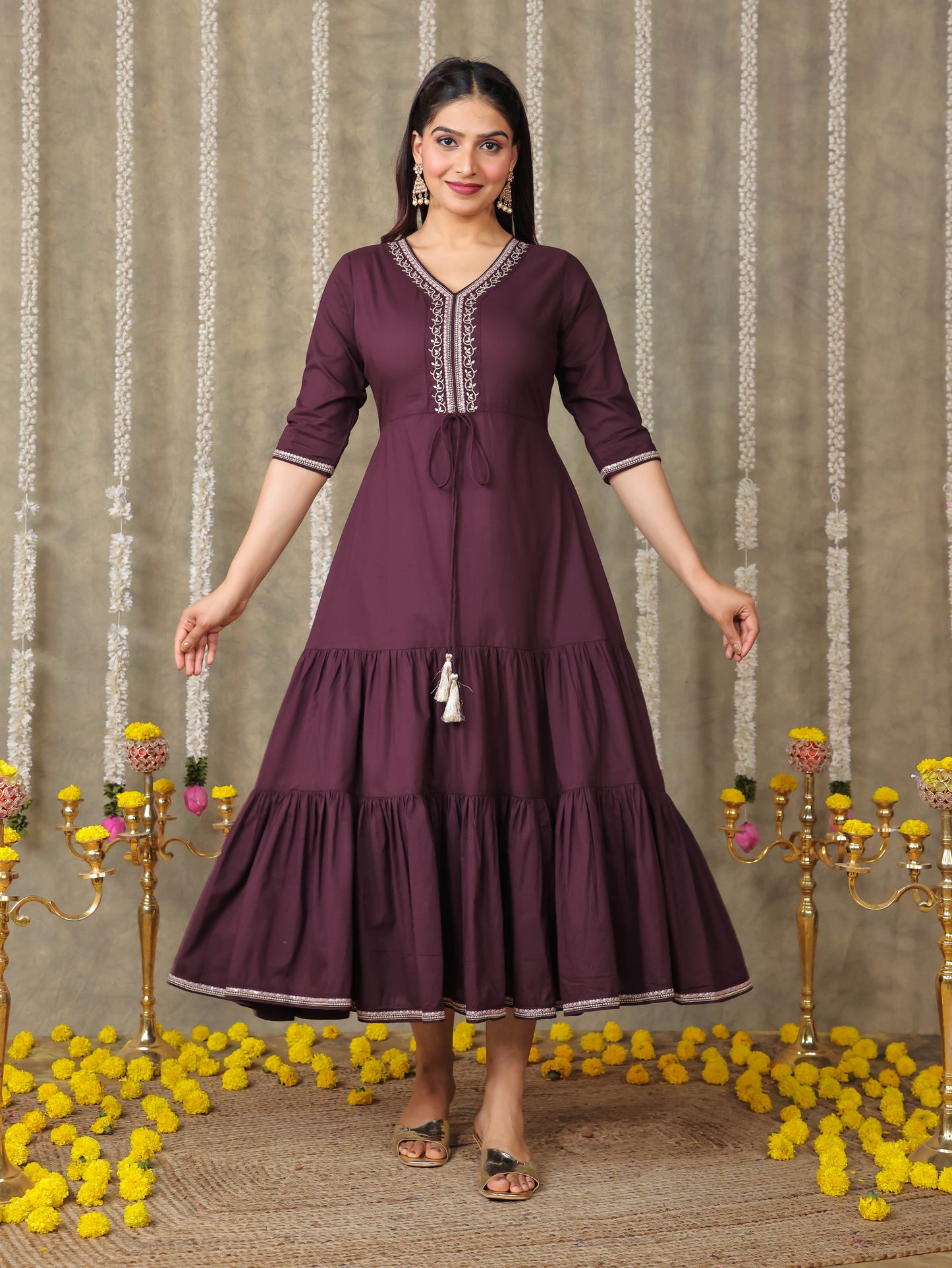 Embroidered Soft Cotton Solid A-line Brown Dress