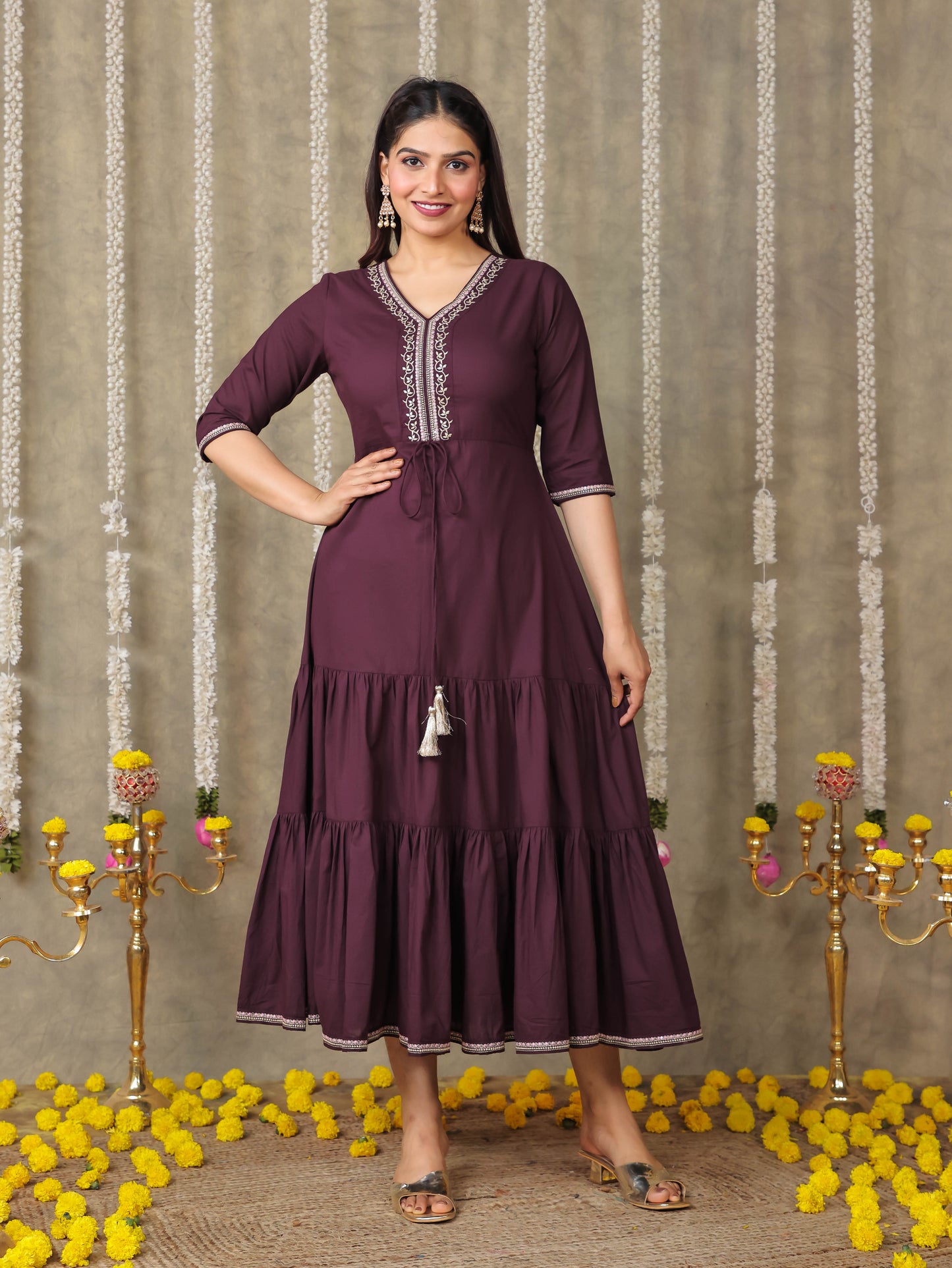 Embroidered Soft Cotton Solid A-line Brown Dress