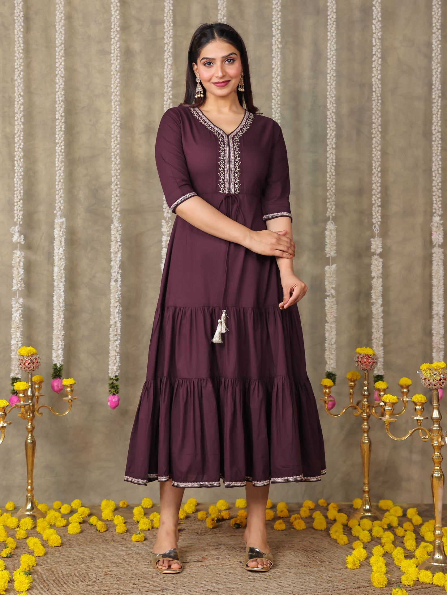 Embroidered Soft Cotton Solid A-line Brown Dress