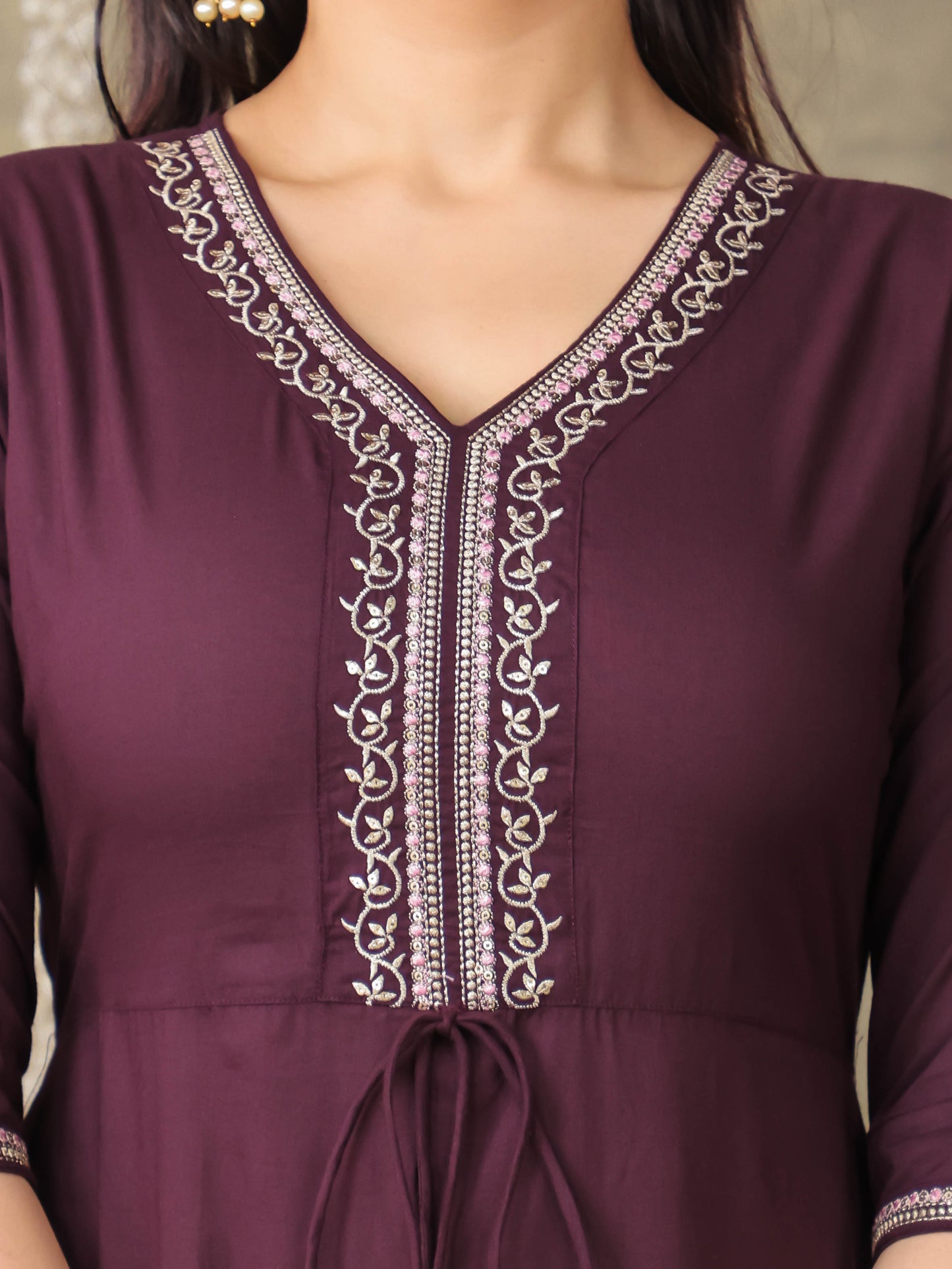 Embroidered Soft Cotton Solid A-line Brown Dress