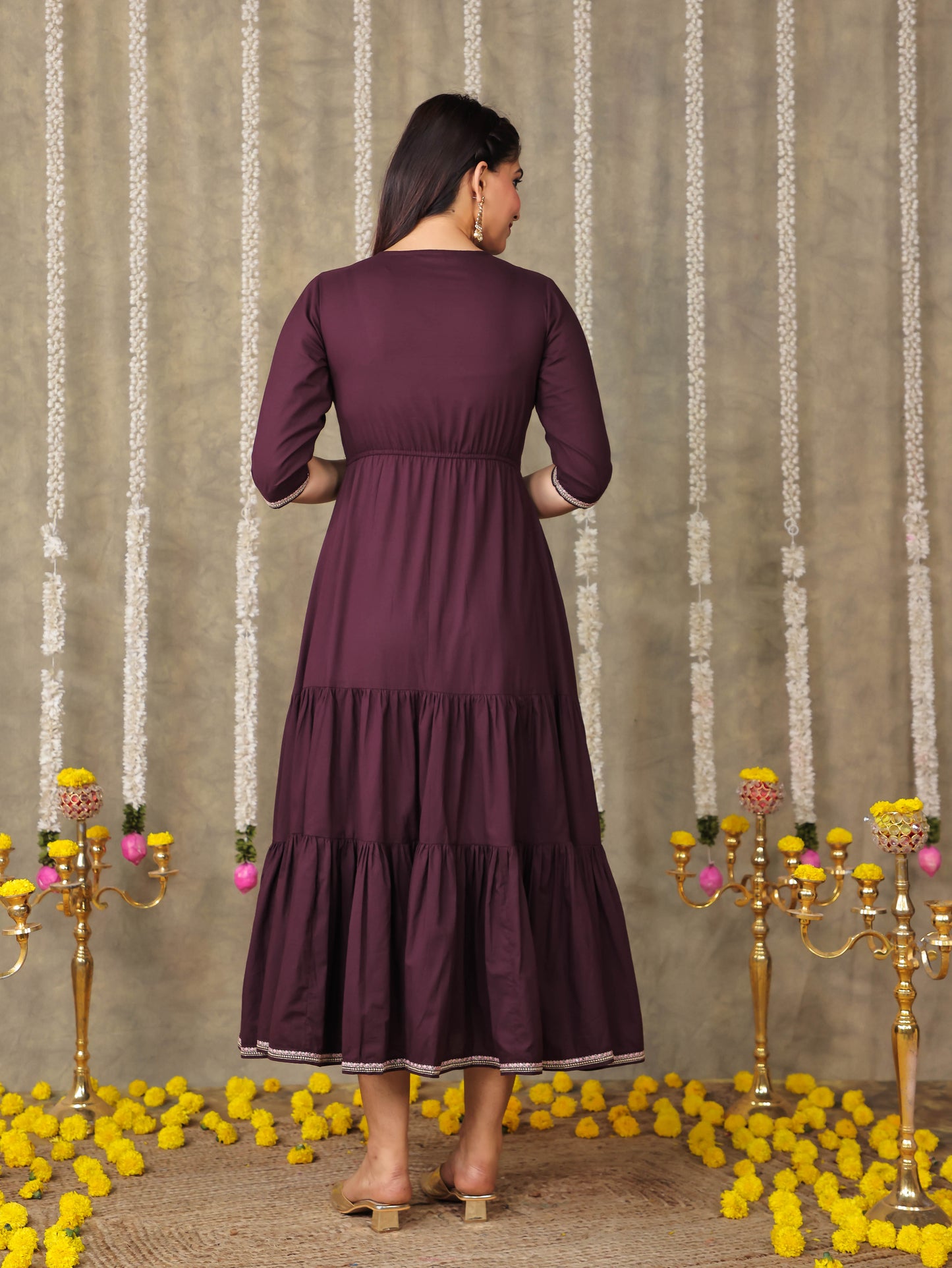 Embroidered Soft Cotton Solid A-line Brown Dress