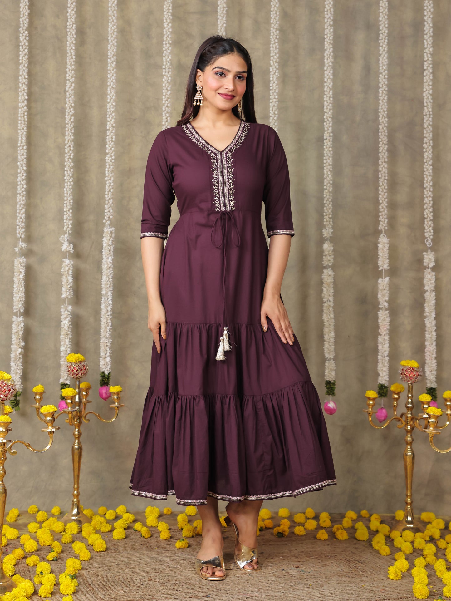 Embroidered Soft Cotton Solid A-line Brown Dress