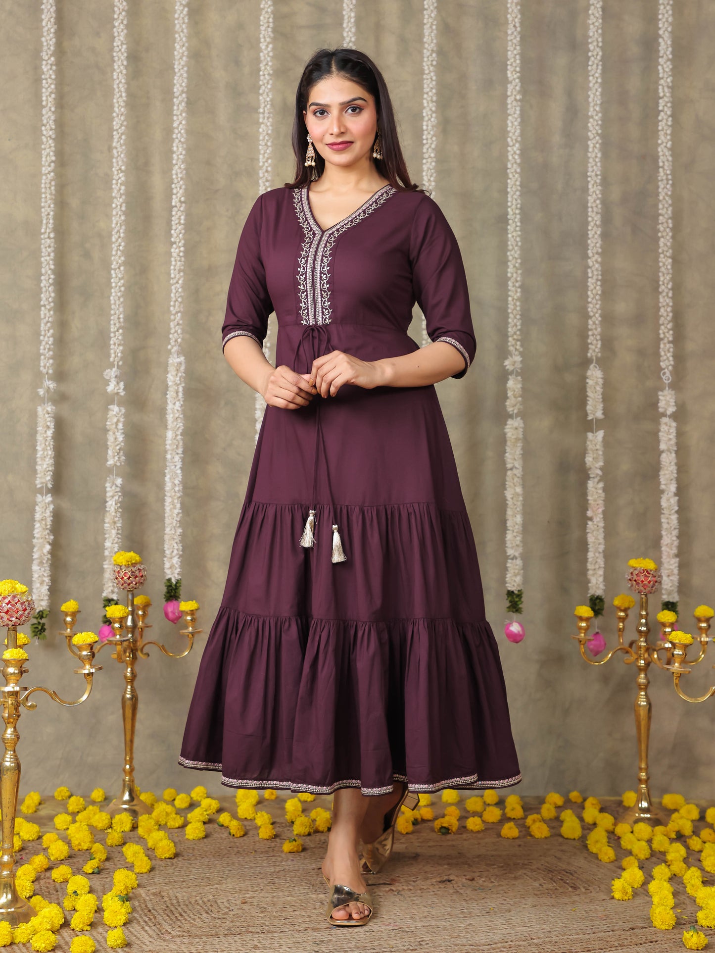 Embroidered Soft Cotton Solid A-line Brown Dress