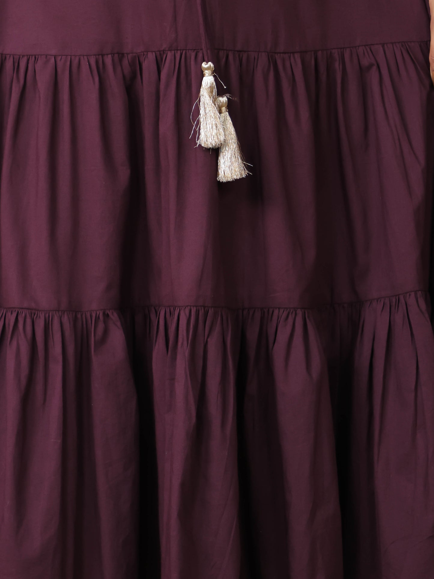 Embroidered Soft Cotton Solid A-line Brown Dress