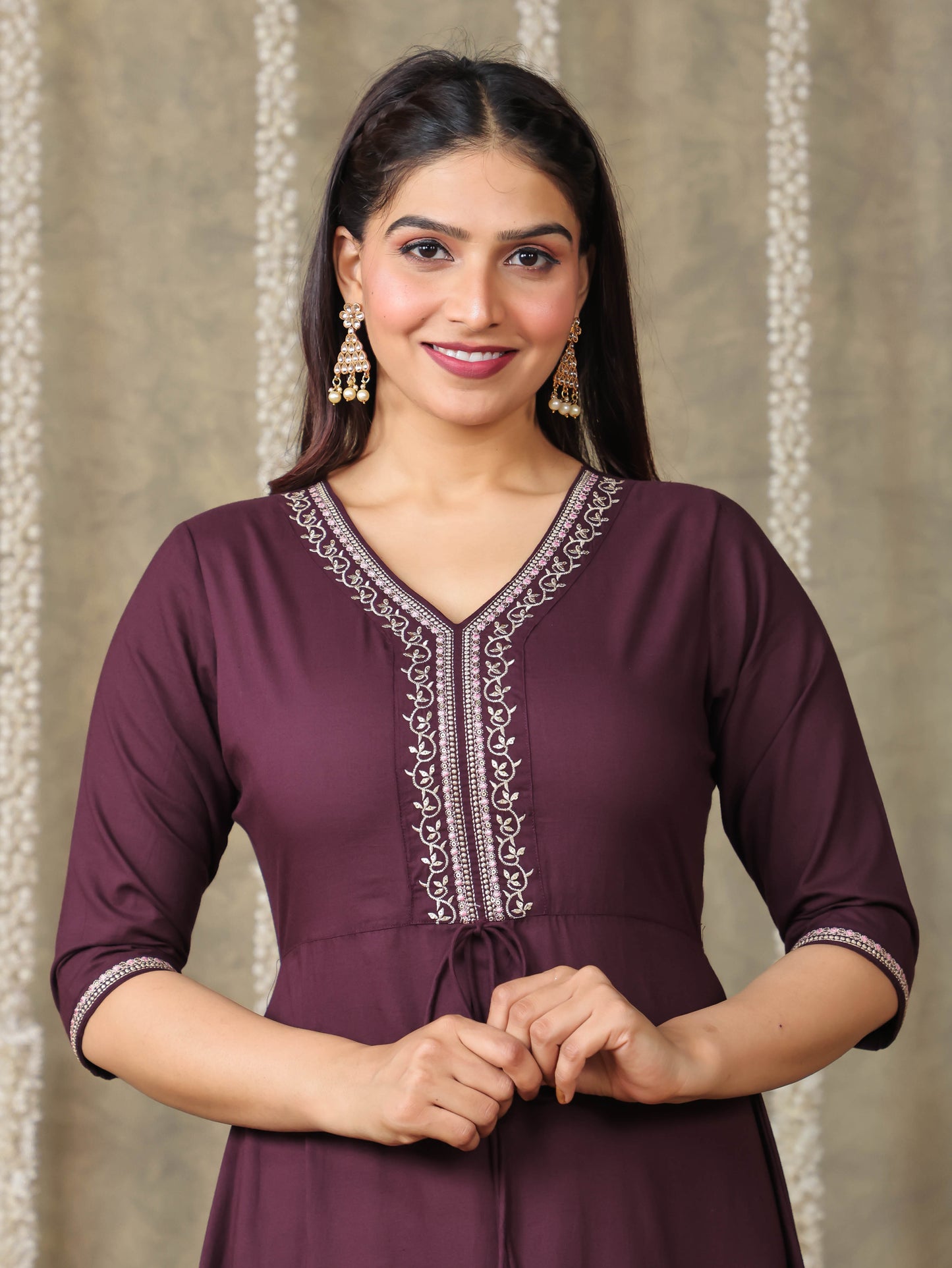 Embroidered Soft Cotton Solid A-line Brown Dress