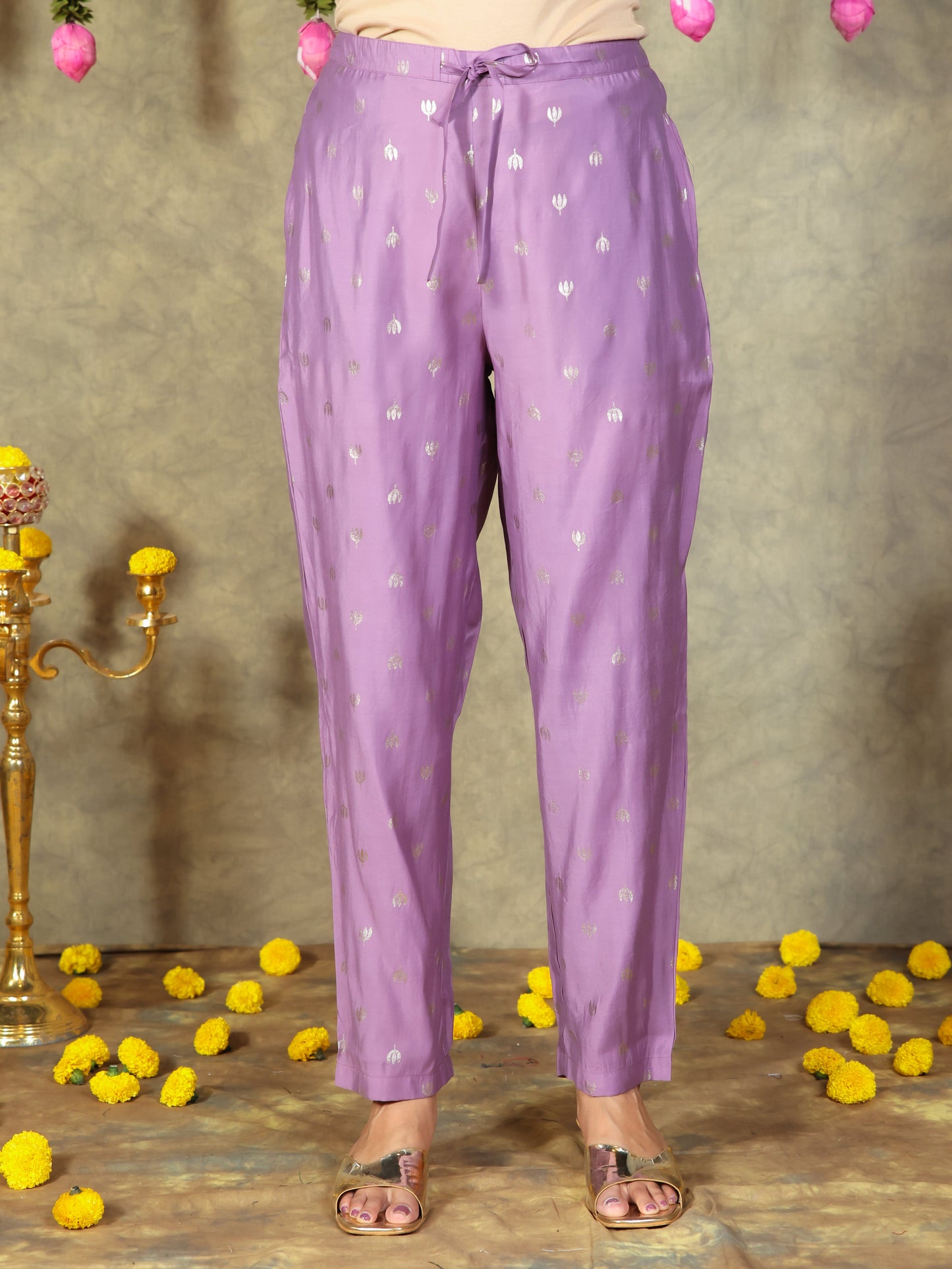 Romen silk Gold foil Purple Tapered Trousers