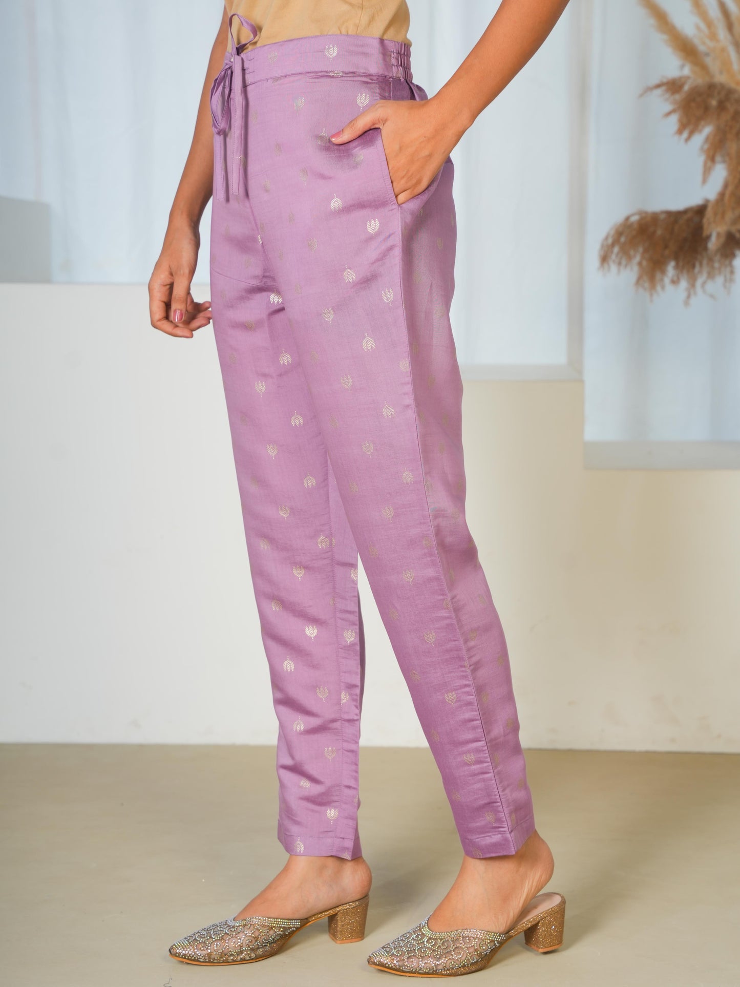 Chanderi Gold foil Purple Tapered Trousers