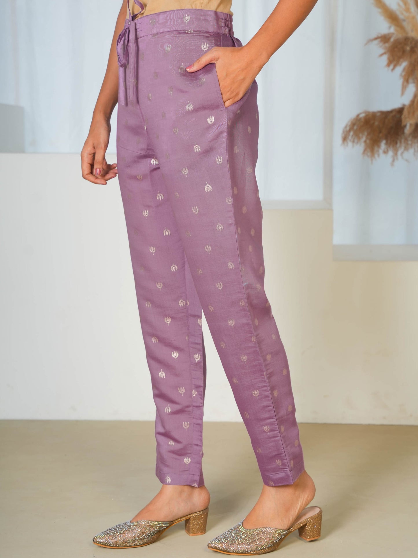 Chanderi Gold foil Straight Purple Kurta