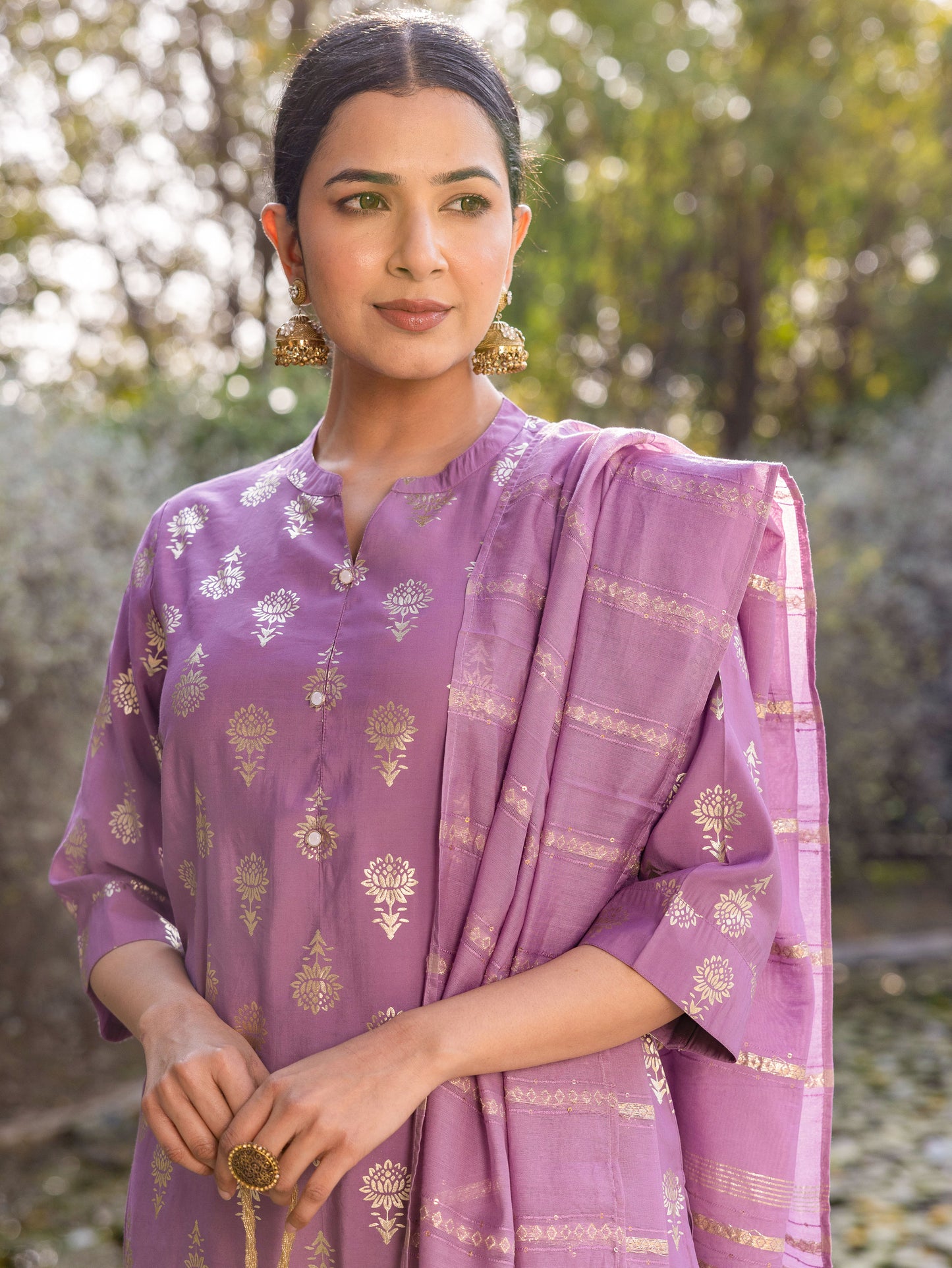 Chanderi Gold foil Straight Purple Kurta